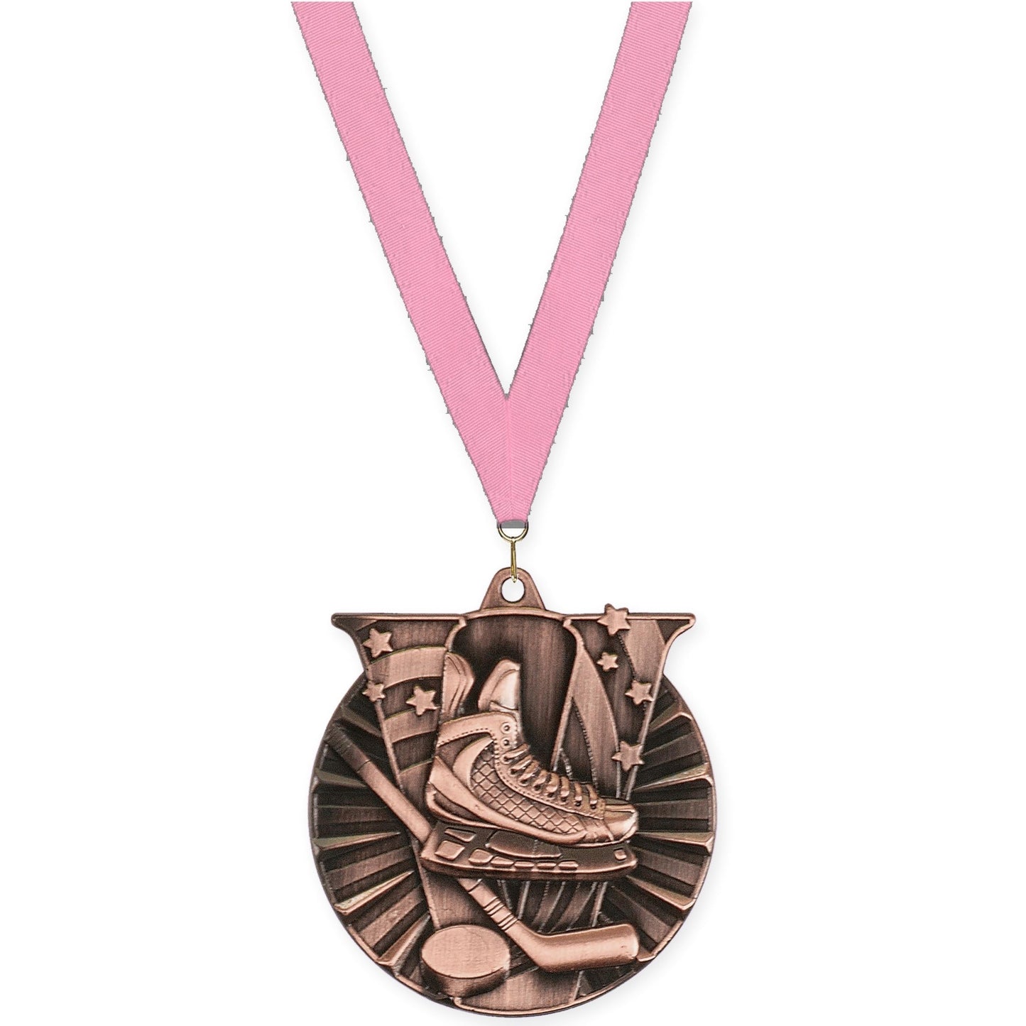 2 inch hockey Victory medal in antique bronze with Pink neck ribbon