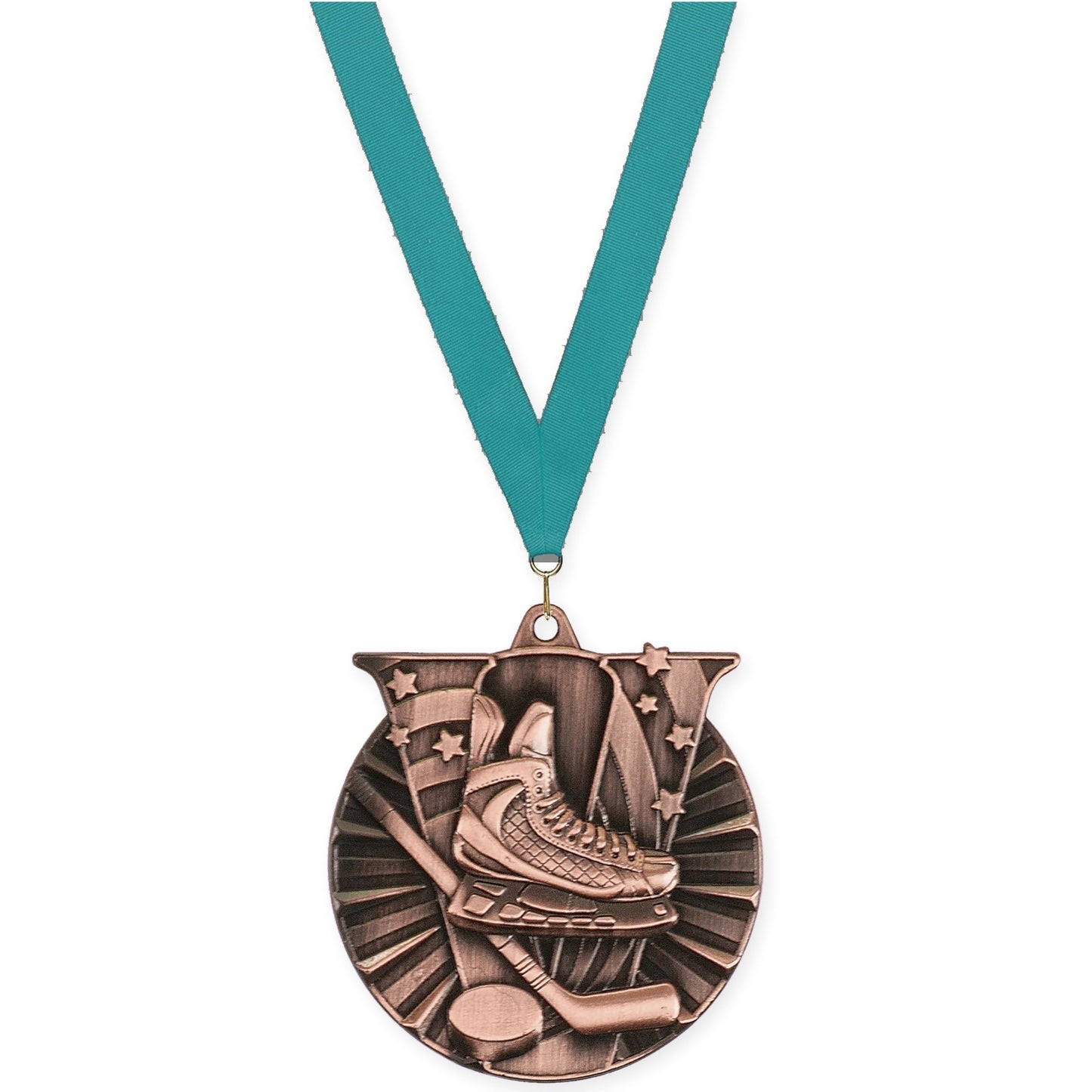 2 inch hockey Victory medal in antique bronze with Teal neck ribbon