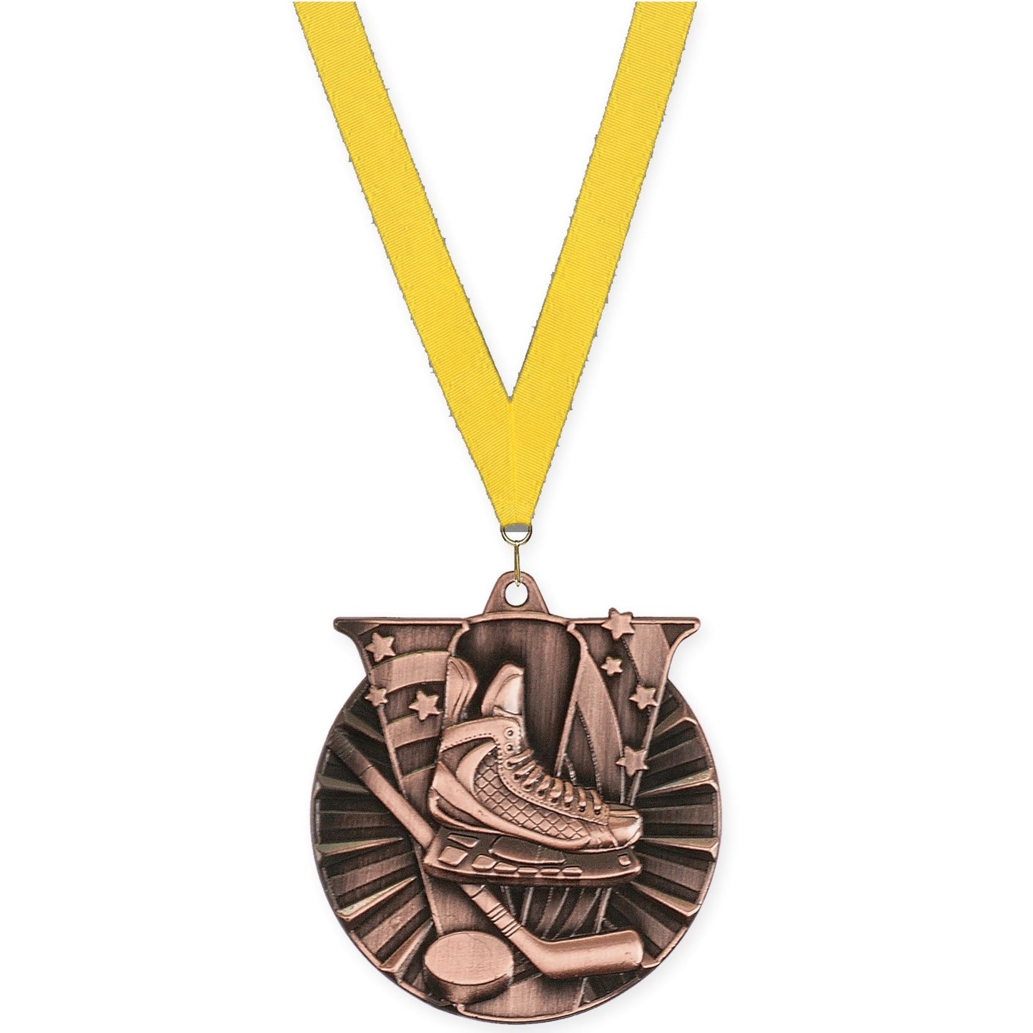 2 inch hockey Victory medal in antique bronze with Yellow neck ribbon