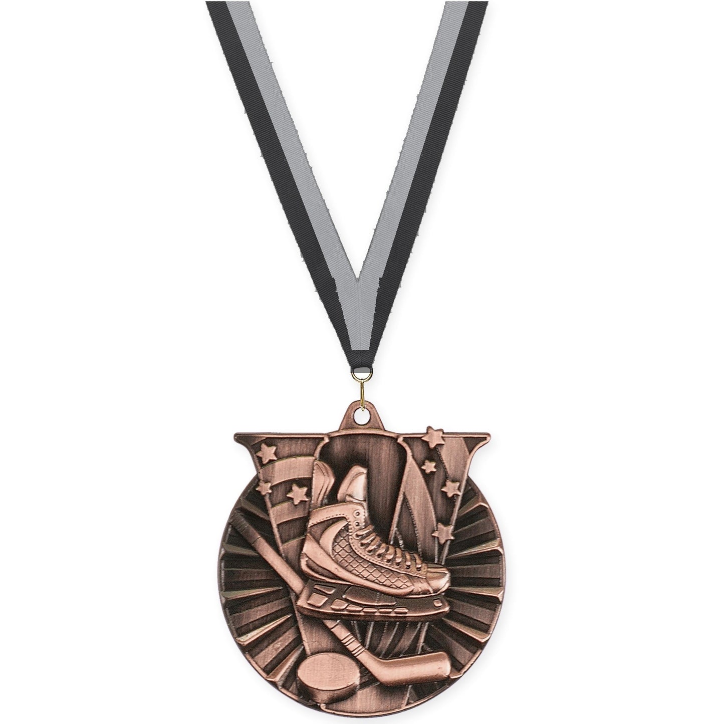 2 inch hockey Victory medal in antique bronze with Black Gray neck ribbon