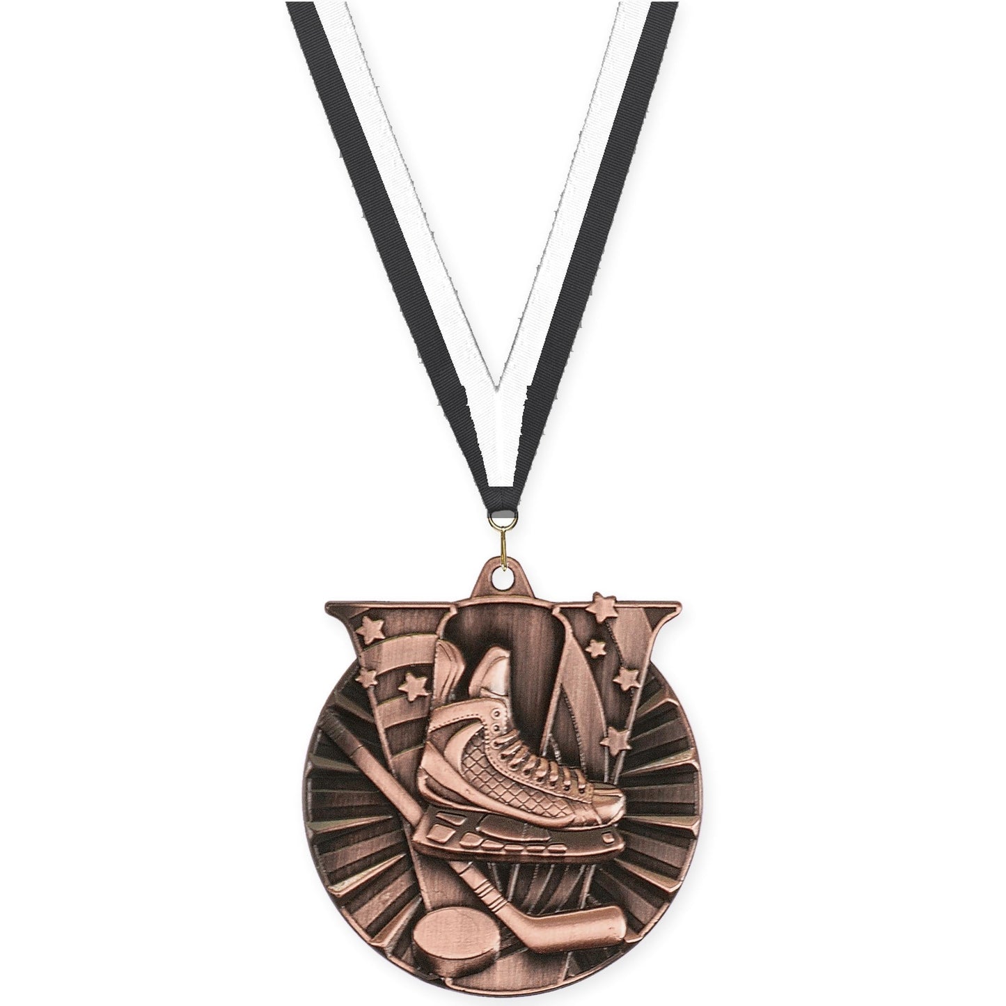 2 inch hockey Victory medal in antique bronze with Black White neck ribbon