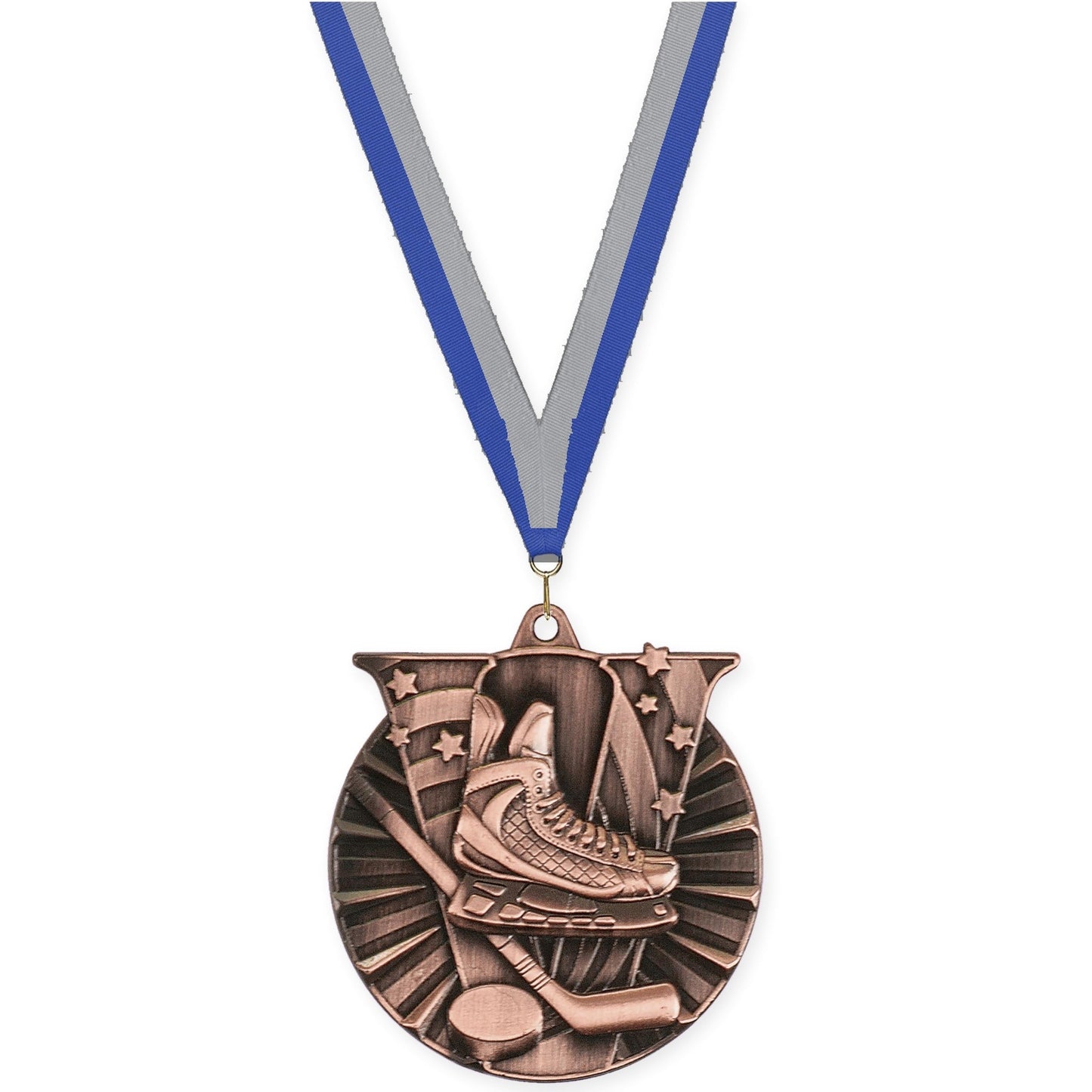 2 inch hockey Victory medal in antique bronze with Blue Gray neck ribbon