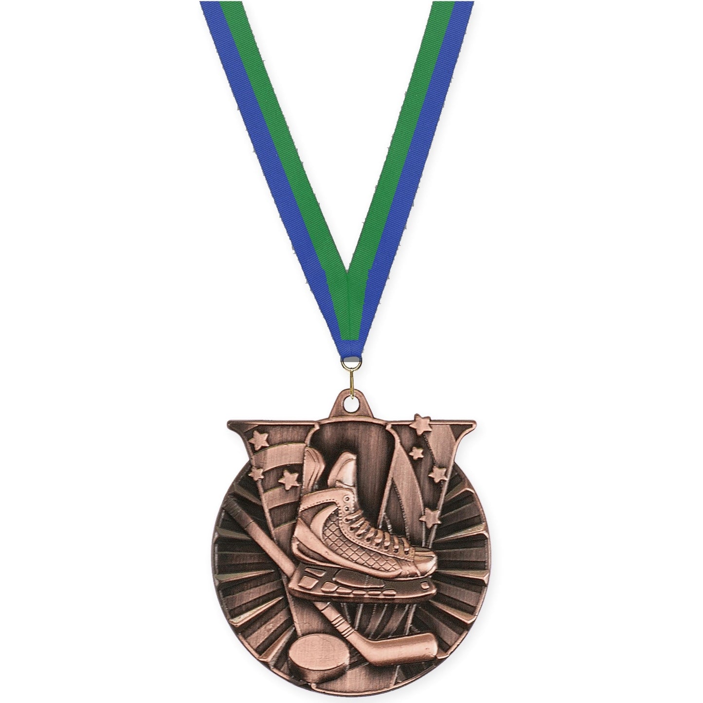 2 inch hockey Victory medal in antique bronze with Blue Green neck ribbon