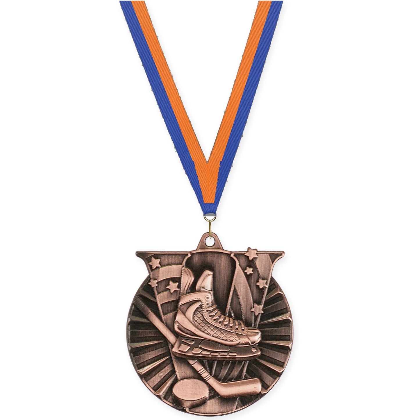 2 inch hockey Victory medal in antique bronze with Blue Orange neck ribbon