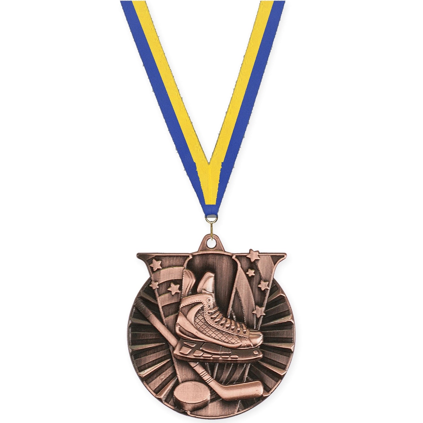 2 inch hockey Victory medal in antique bronze with Blue Yellow neck ribbon