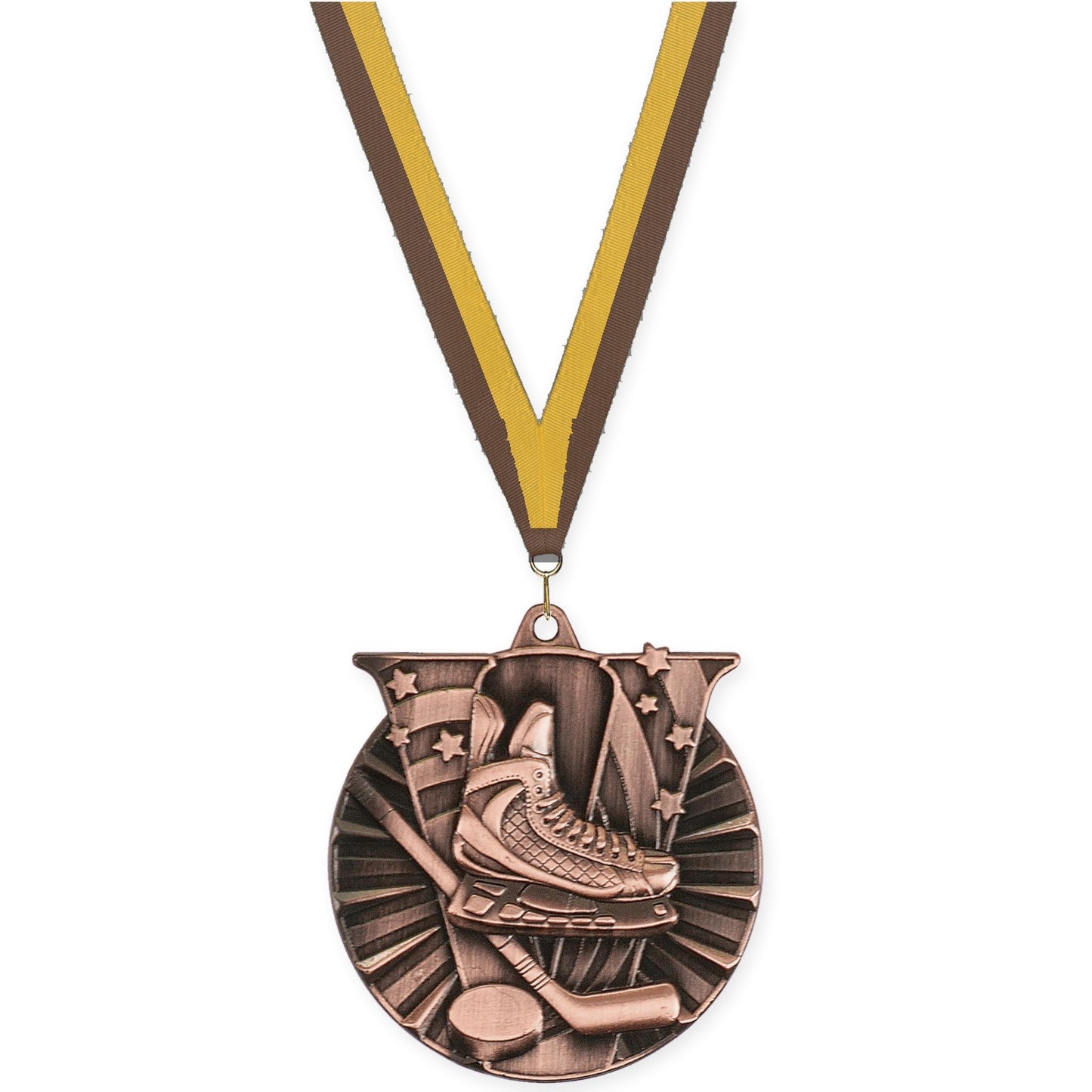 2 inch hockey Victory medal in antique bronze with Brown Gold neck ribbon