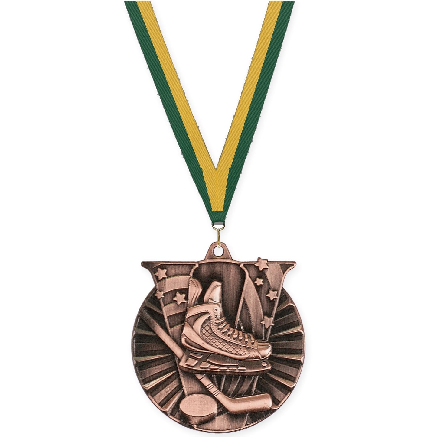 2 inch hockey Victory medal in antique bronze with Hunter Green Gold neck ribbon