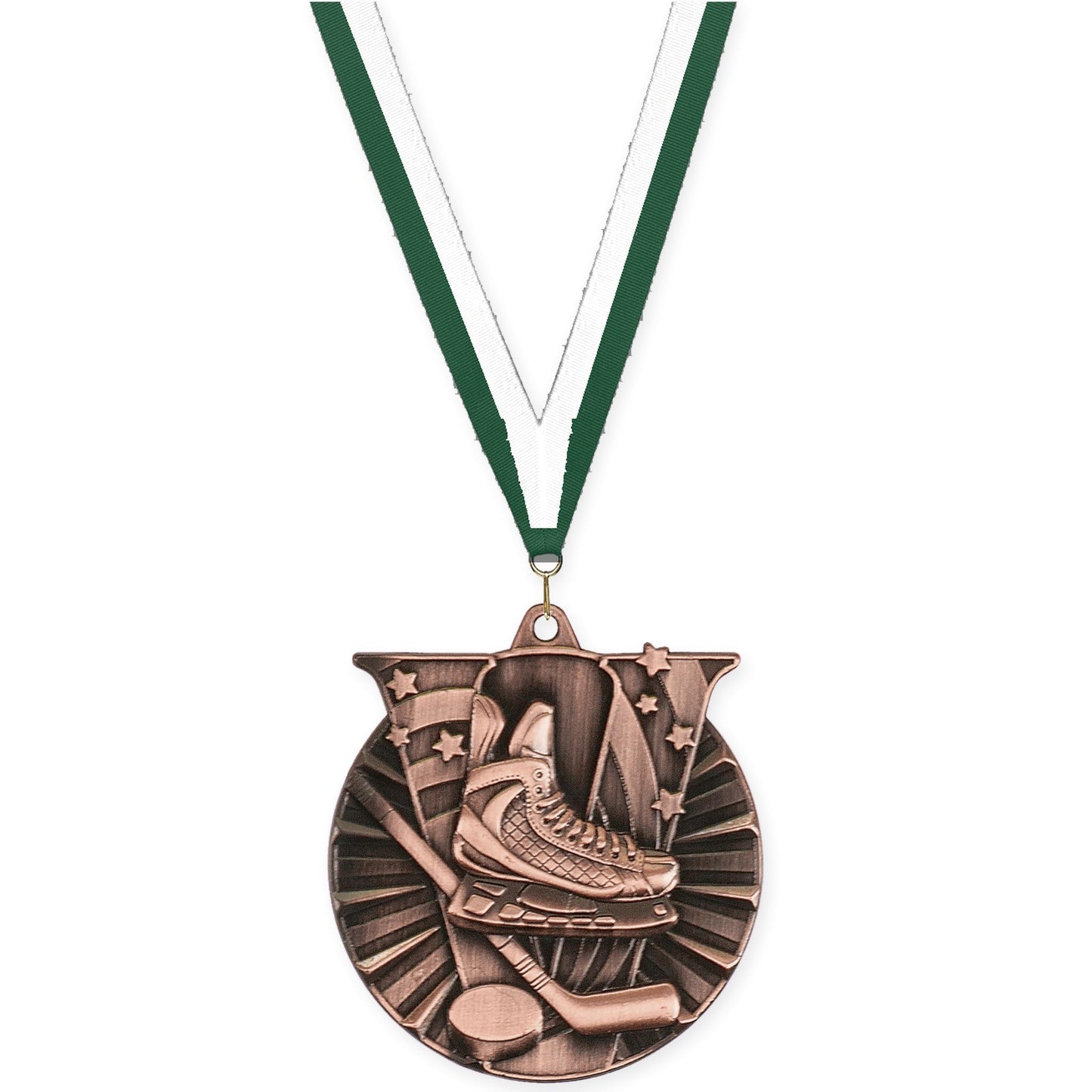 2 inch hockey Victory medal in antique bronze with Hunter Green White neck ribbon