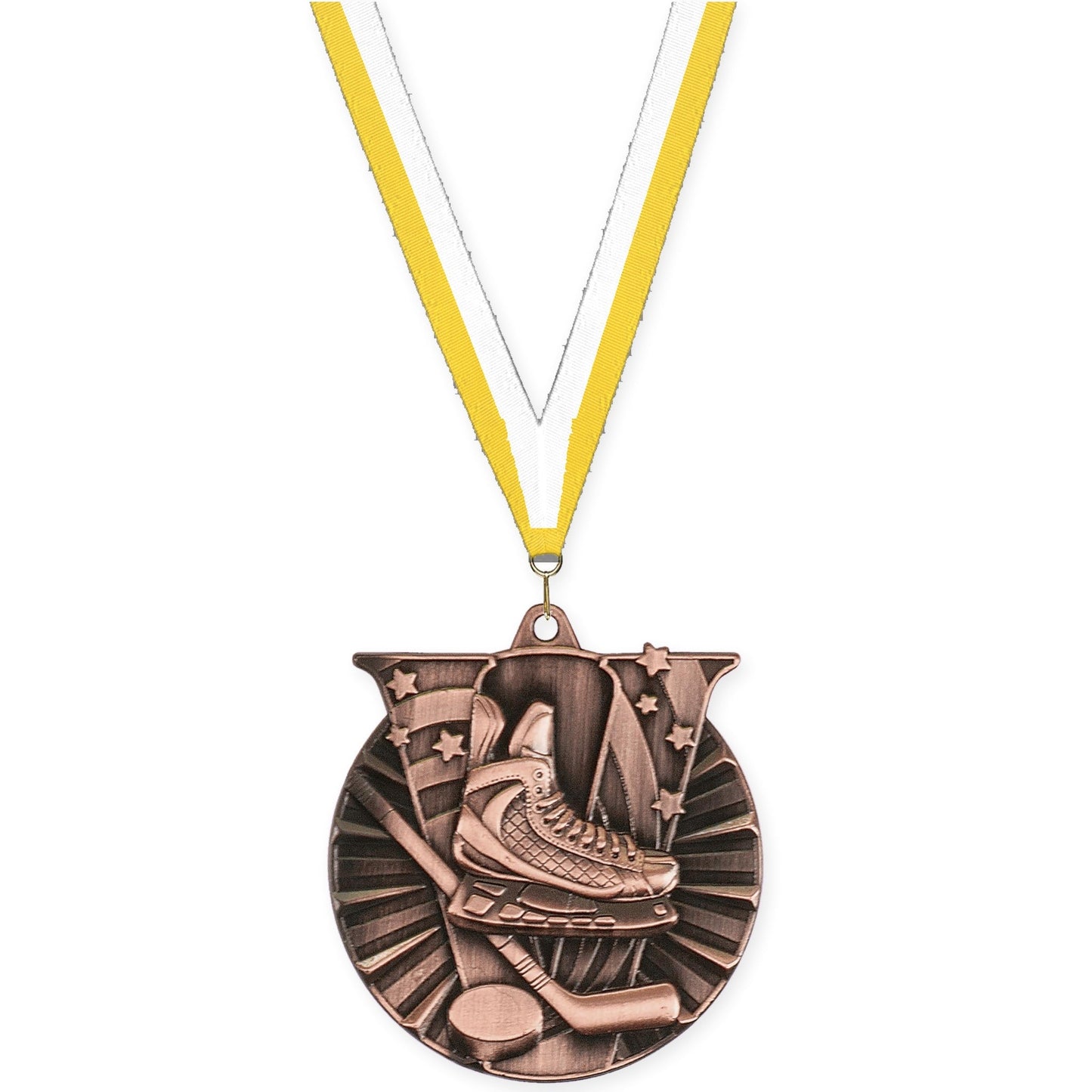 2 inch hockey Victory medal in antique bronze with Yellow White neck ribbon