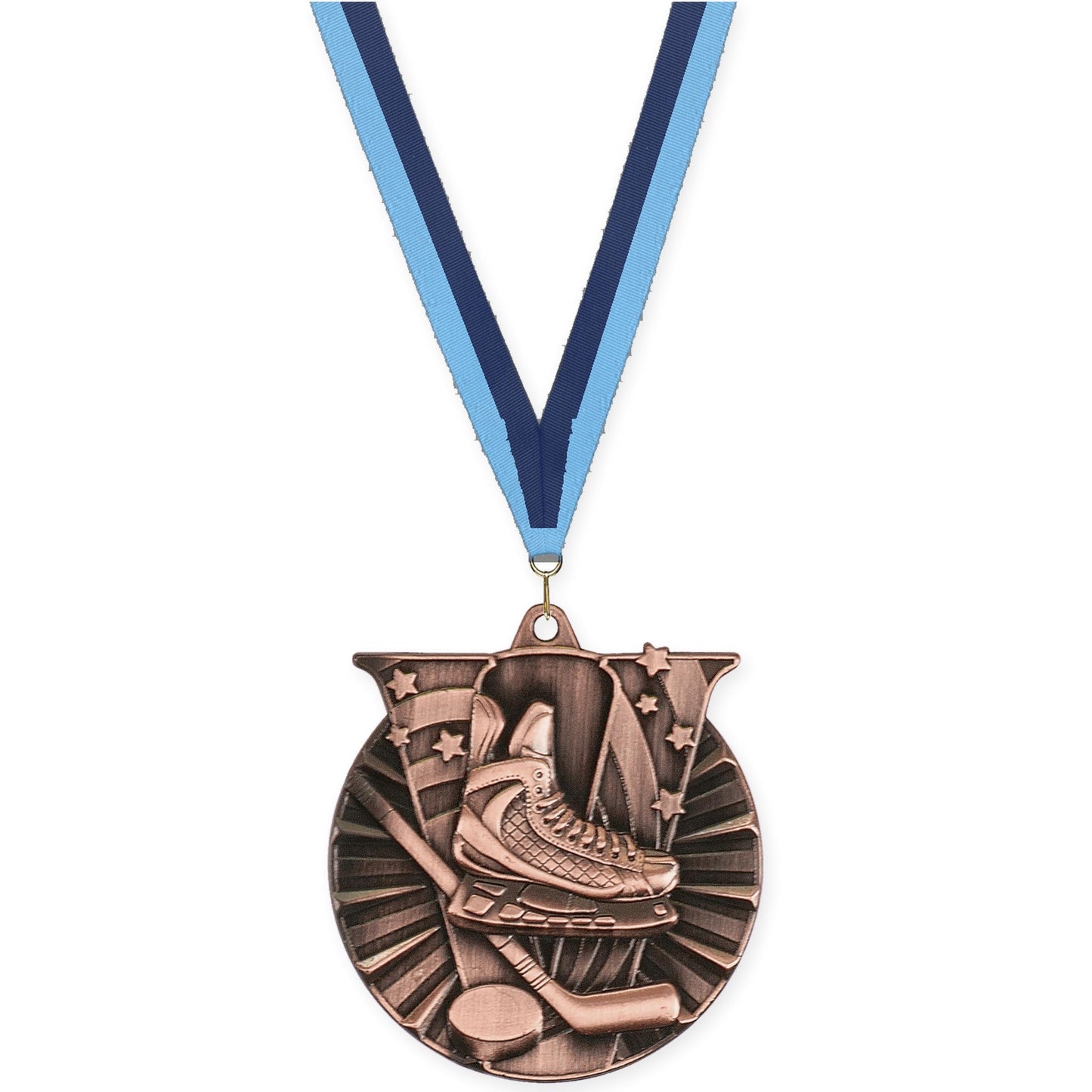 2 inch hockey Victory medal in antique bronze with Light Blue Navy neck ribbon