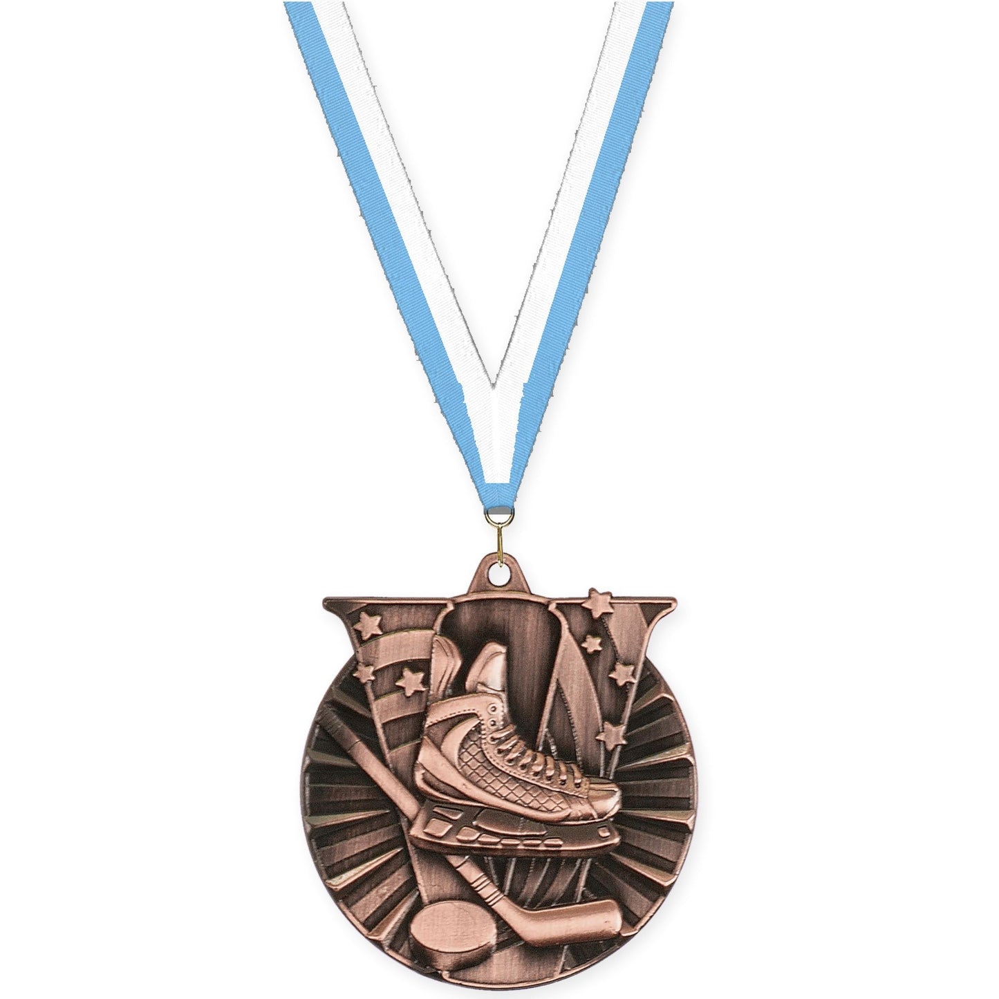 2 inch hockey Victory medal in antique bronze with Light Blue White neck ribbon