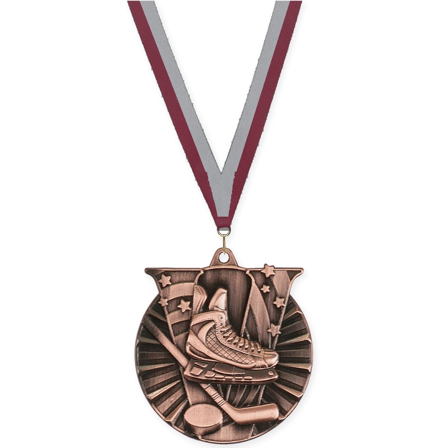 2 inch hockey Victory medal in antique bronze with Maroon Gray neck ribbon