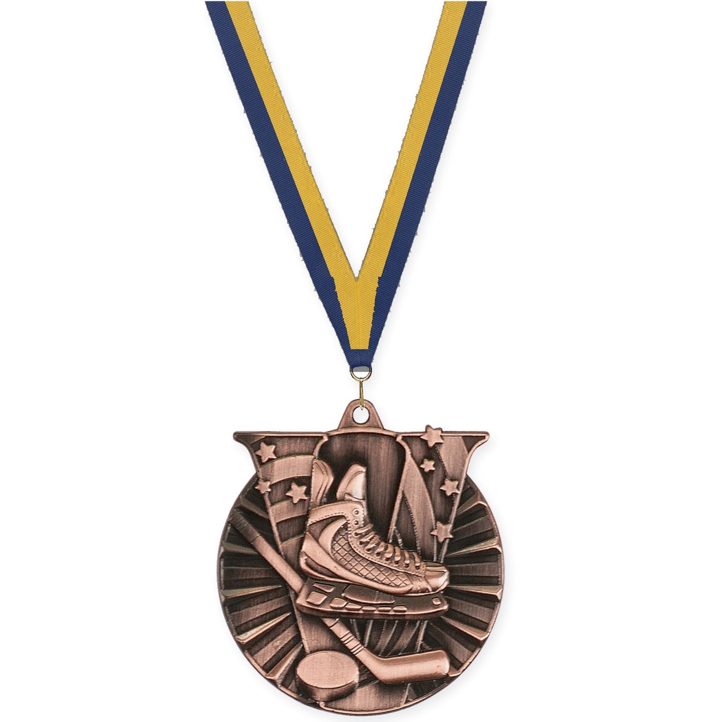 2 inch hockey Victory medal in antique bronze with Navy Gold neck ribbon