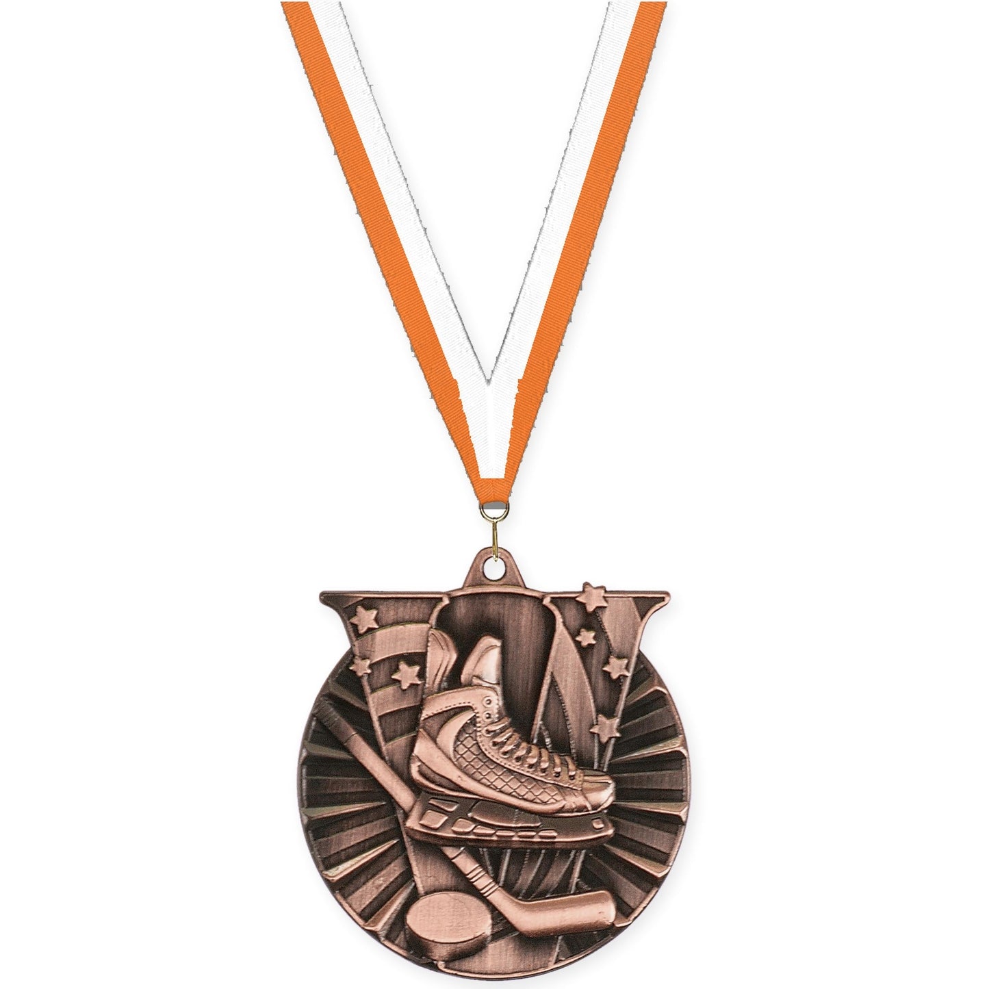 2 inch hockey Victory medal in antique bronze with Orange White neck ribbon