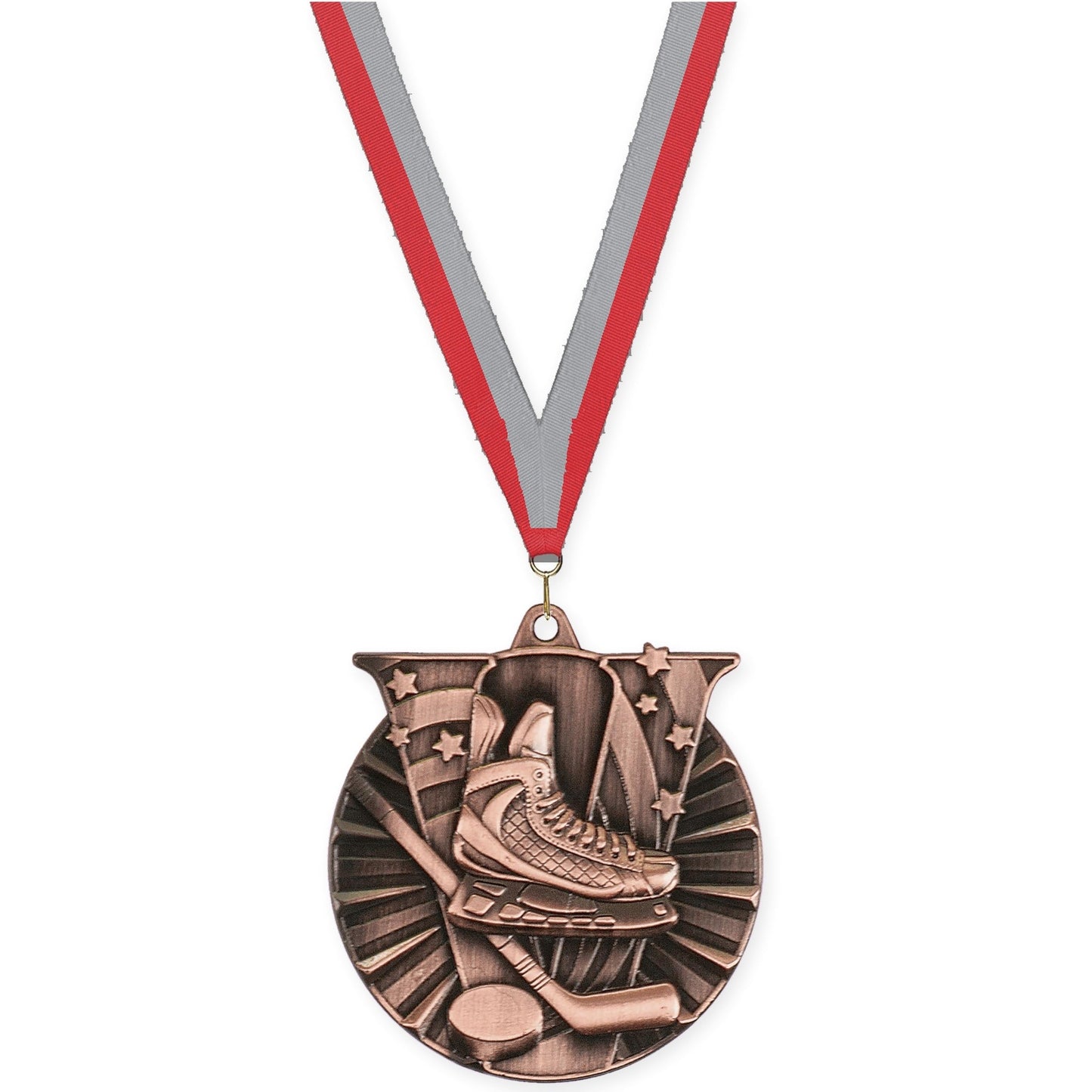 2 inch hockey Victory medal in antique bronze with Red Gray neck ribbon