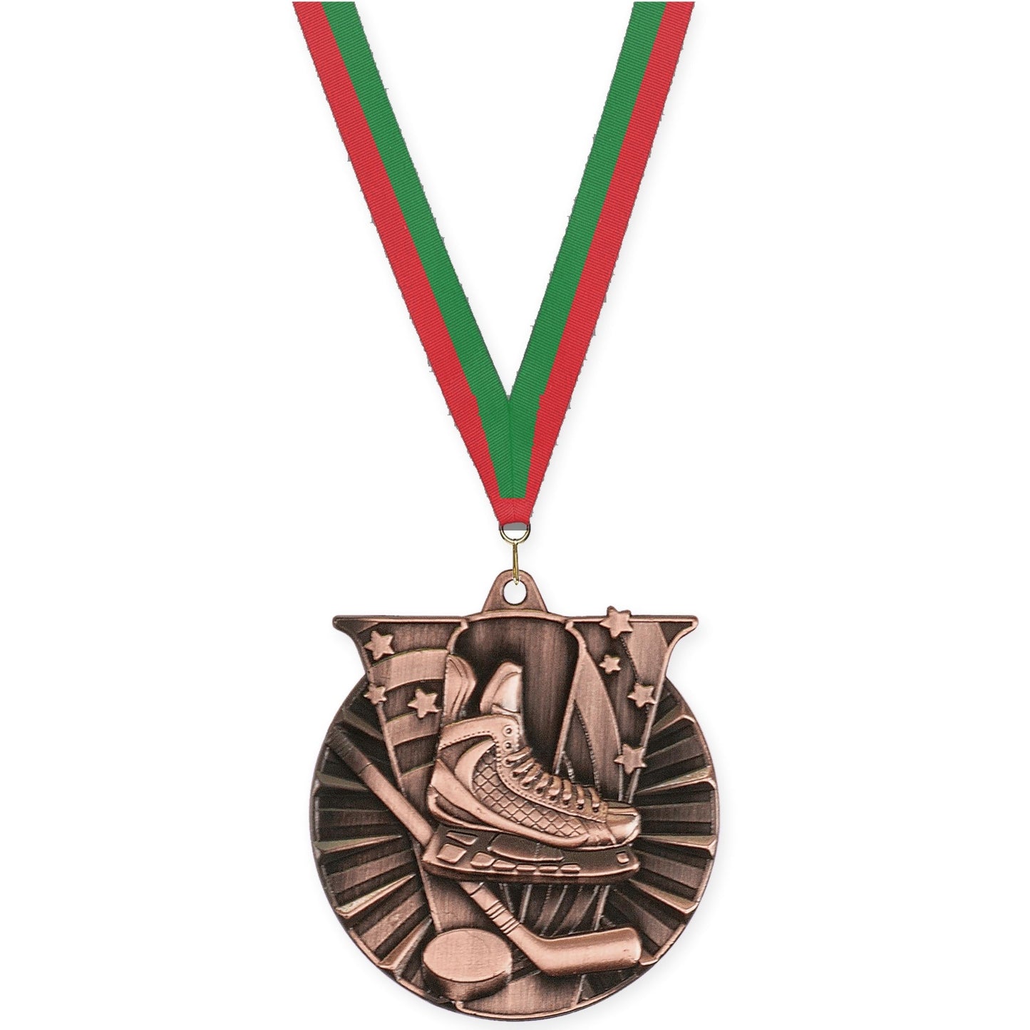 2 inch hockey Victory medal in antique bronze with Red Green neck ribbon