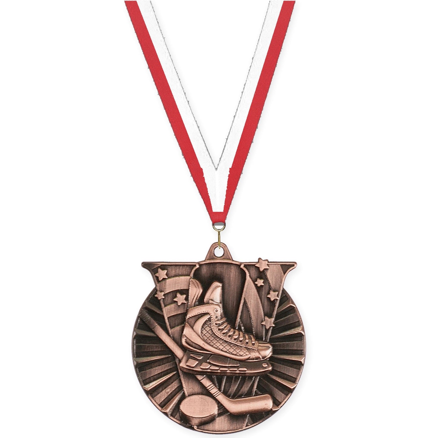 2 inch hockey Victory medal in antique bronze with Red White neck ribbon