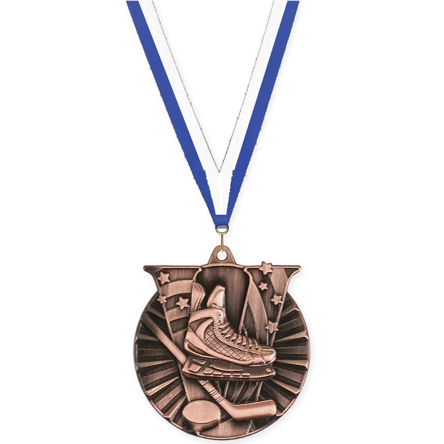 2 inch hockey Victory medal in antique bronze with Blue White neck ribbon