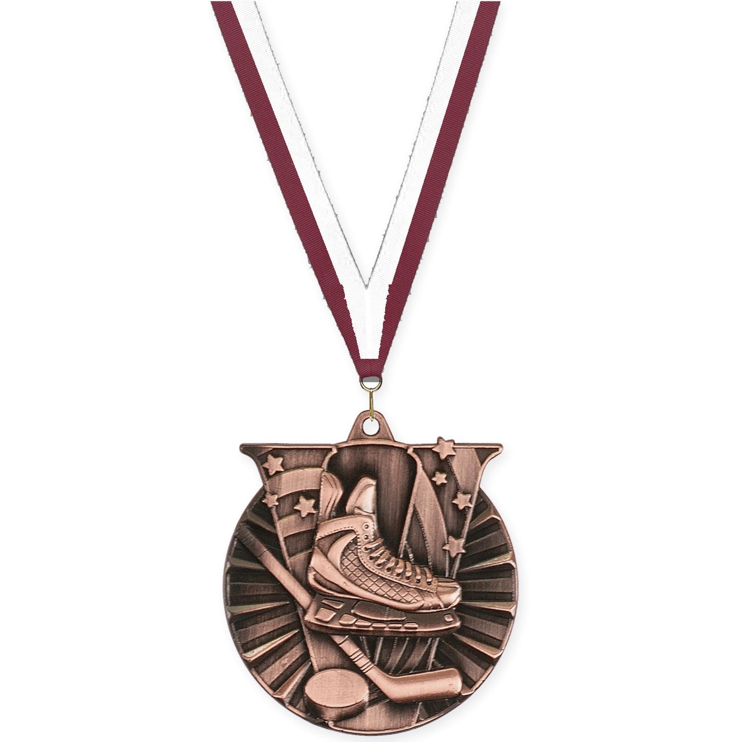 2 inch hockey Victory medal in antique bronze with Maroon White neck ribbon