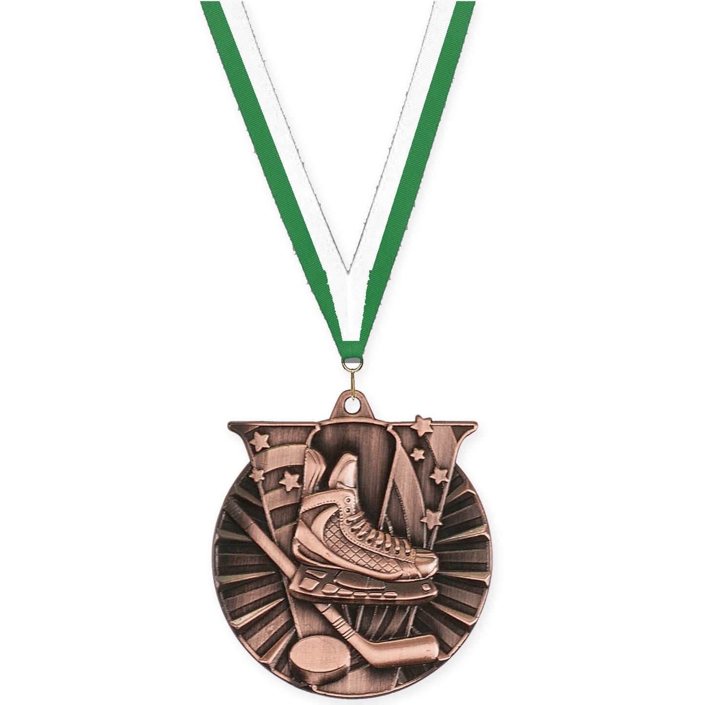 2 inch hockey Victory medal in antique bronze with Green White neck ribbon