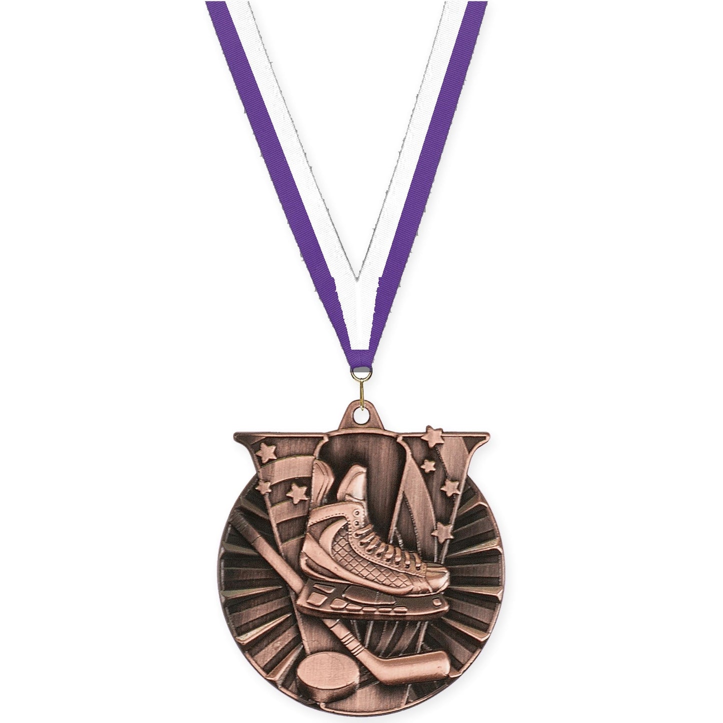 2 inch hockey Victory medal in antique bronze with Purple White neck ribbon