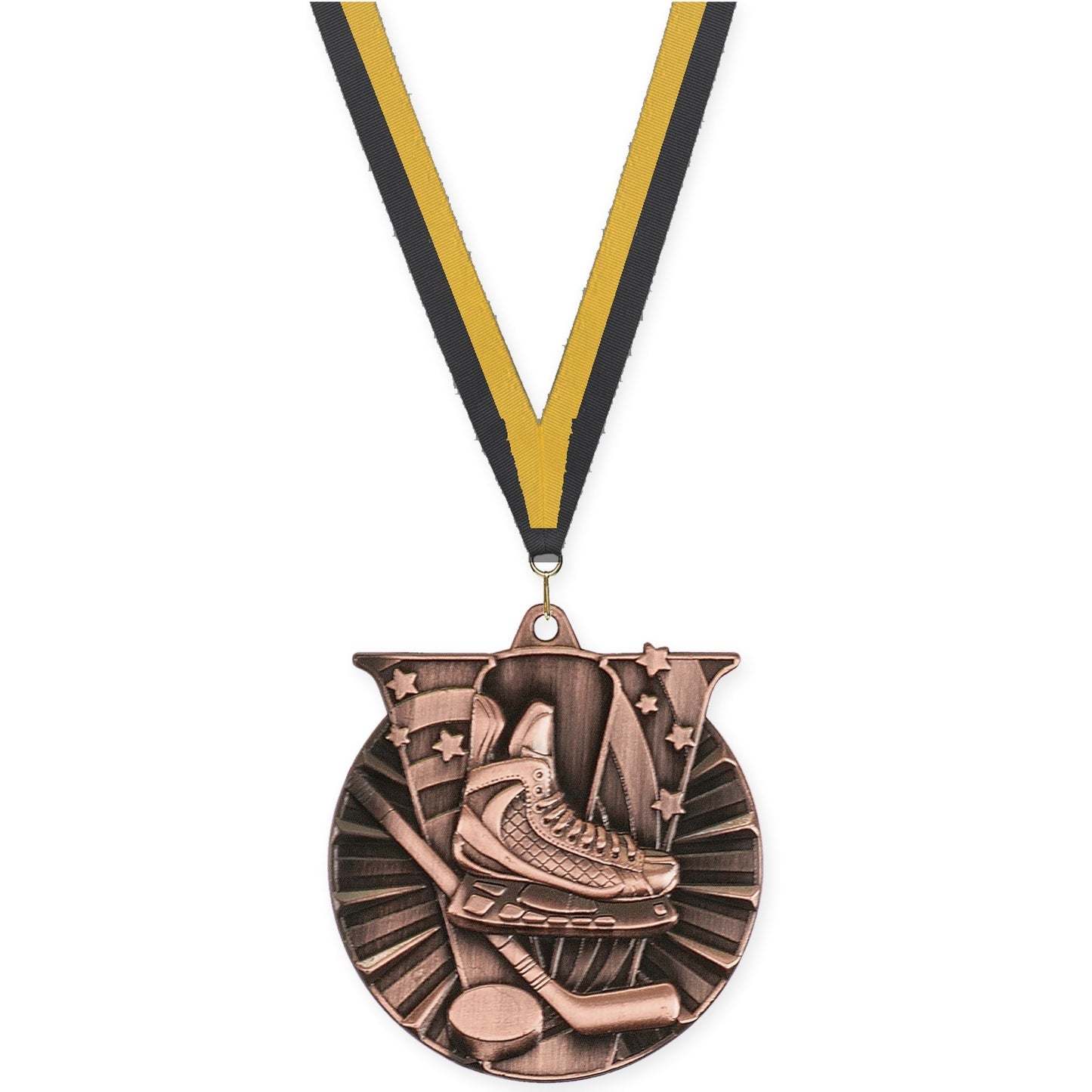 2 inch hockey Victory medal in antique bronze with Black Gold neck ribbon