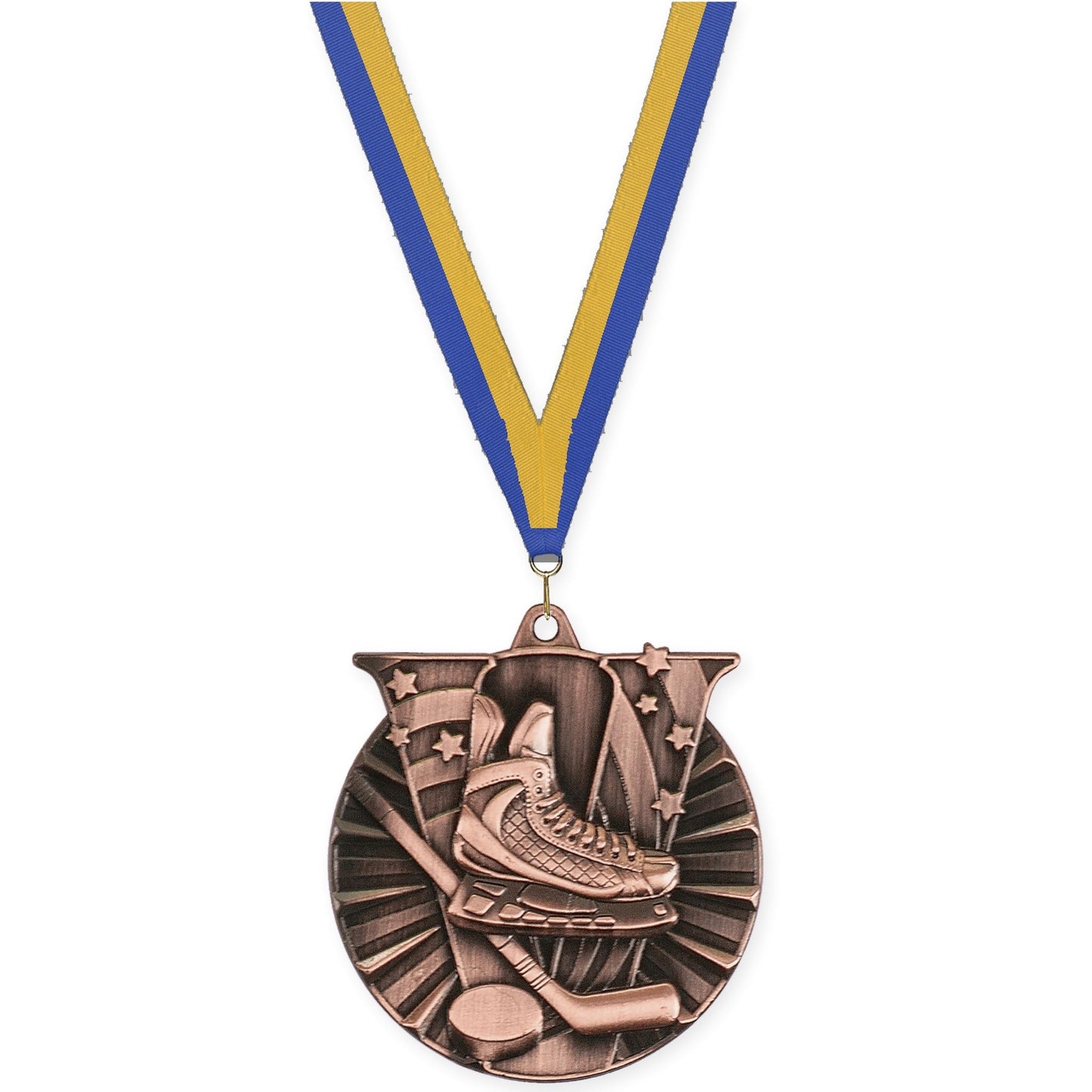 2 inch hockey Victory medal in antique bronze with Blue Gold neck ribbon