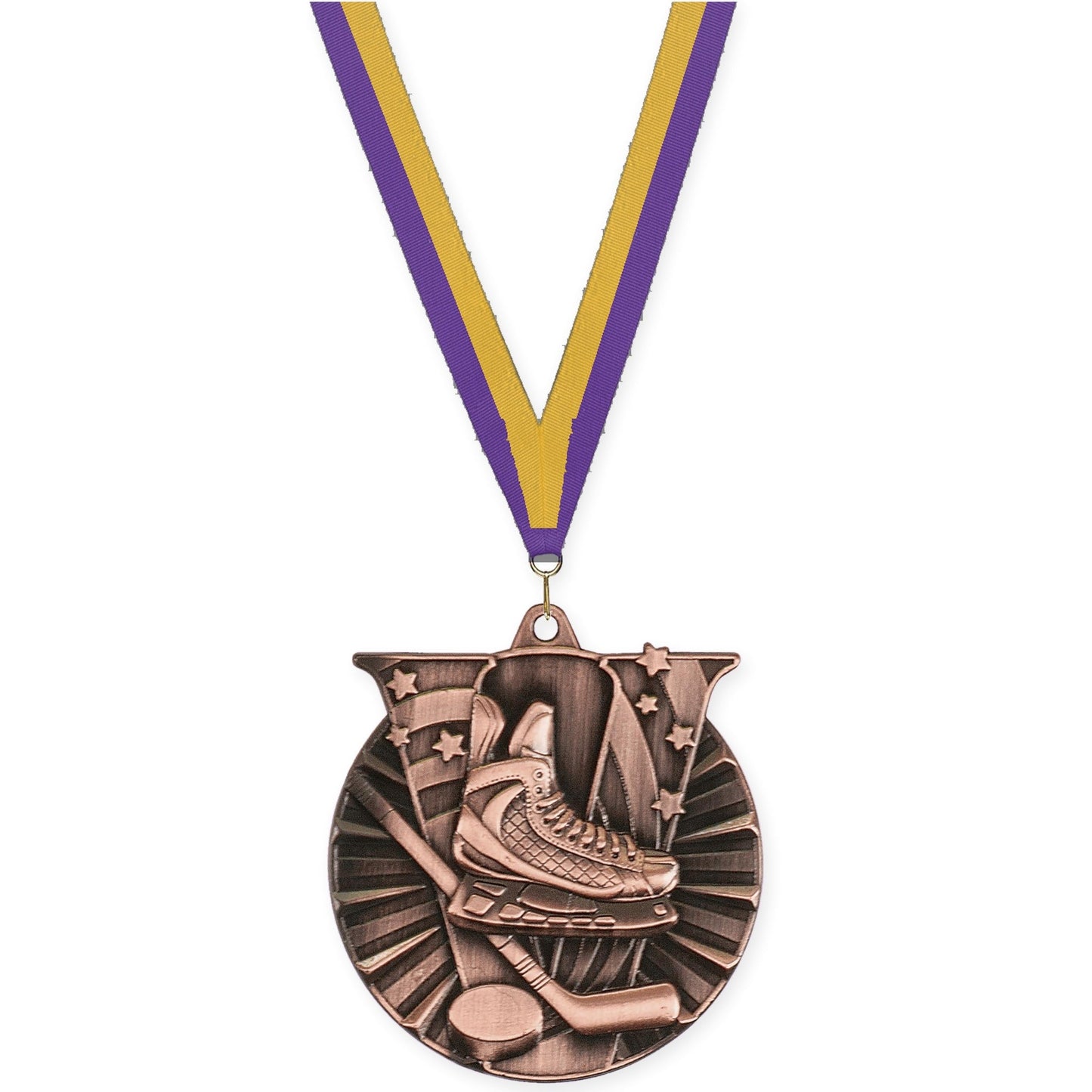 2 inch hockey Victory medal in antique bronze with Purple Gold neck ribbon
