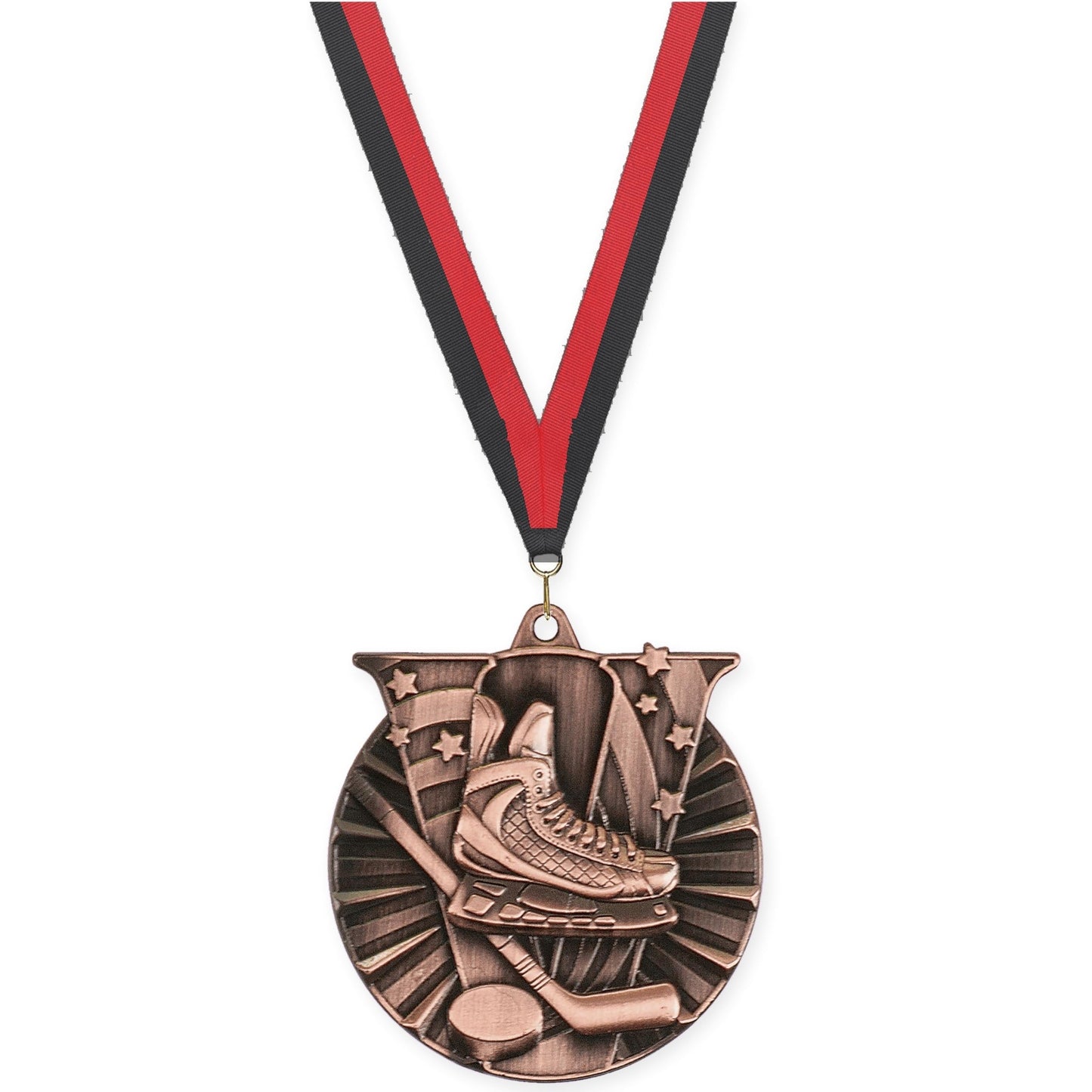 2 inch hockey Victory medal in antique bronze with Black Red neck ribbon
