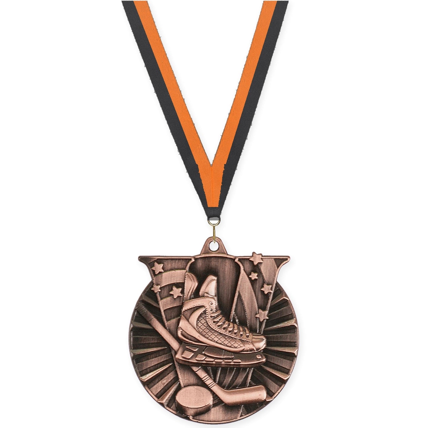 2 inch hockey Victory medal in antique bronze with Black Orange neck ribbon