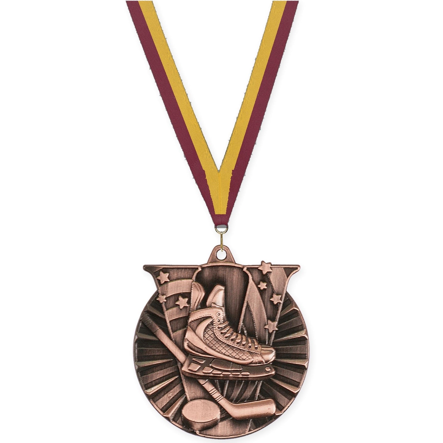 2 inch hockey Victory medal in antique bronze with Maroon Gold neck ribbon