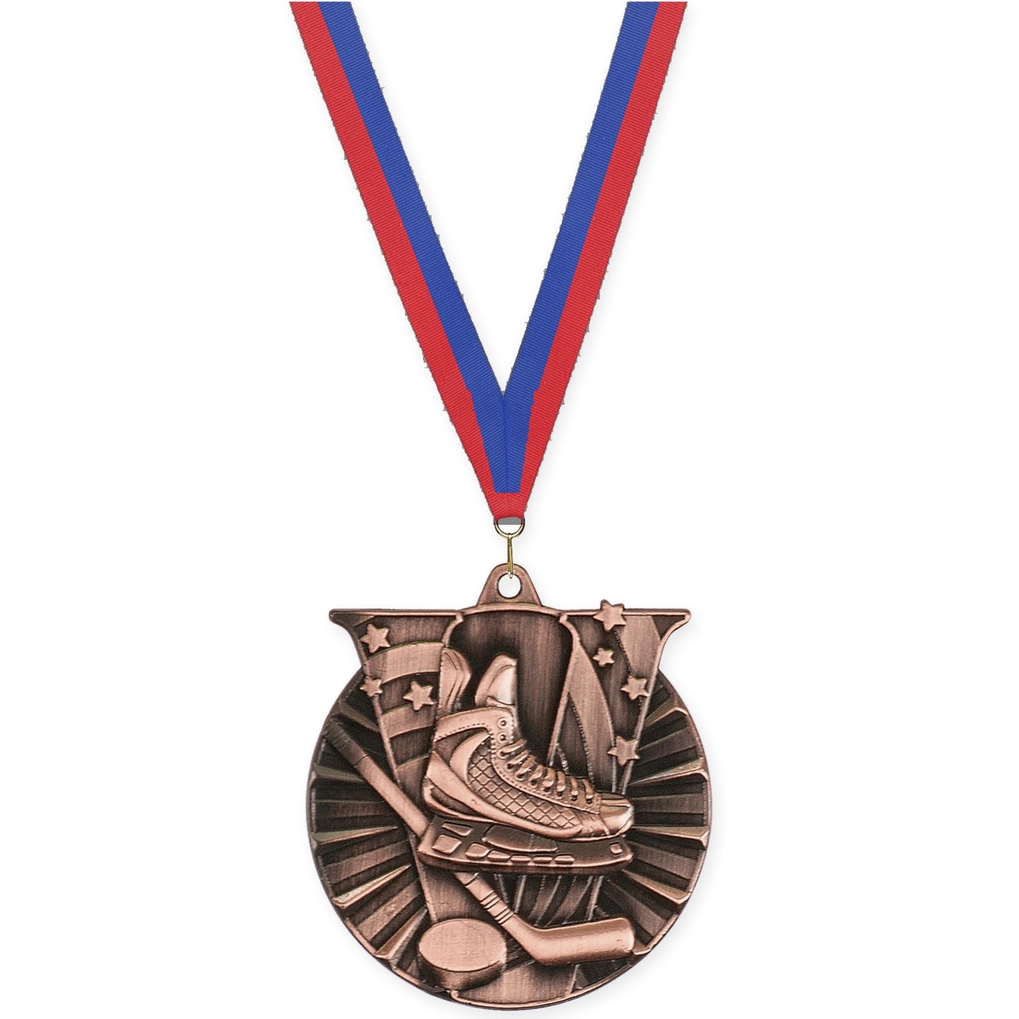 2 inch hockey Victory medal in antique bronze with Blue Red neck ribbon