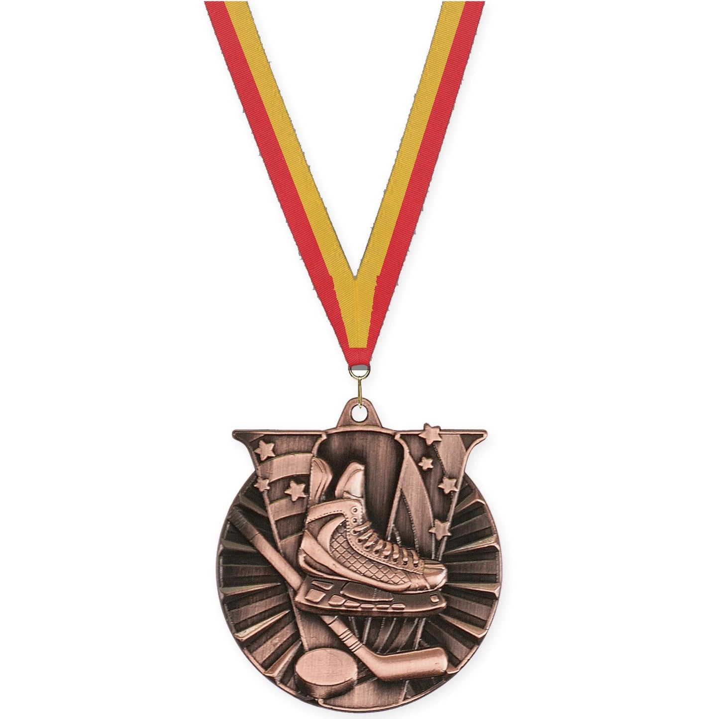 2 inch hockey Victory medal in antique bronze with Red Gold neck ribbon