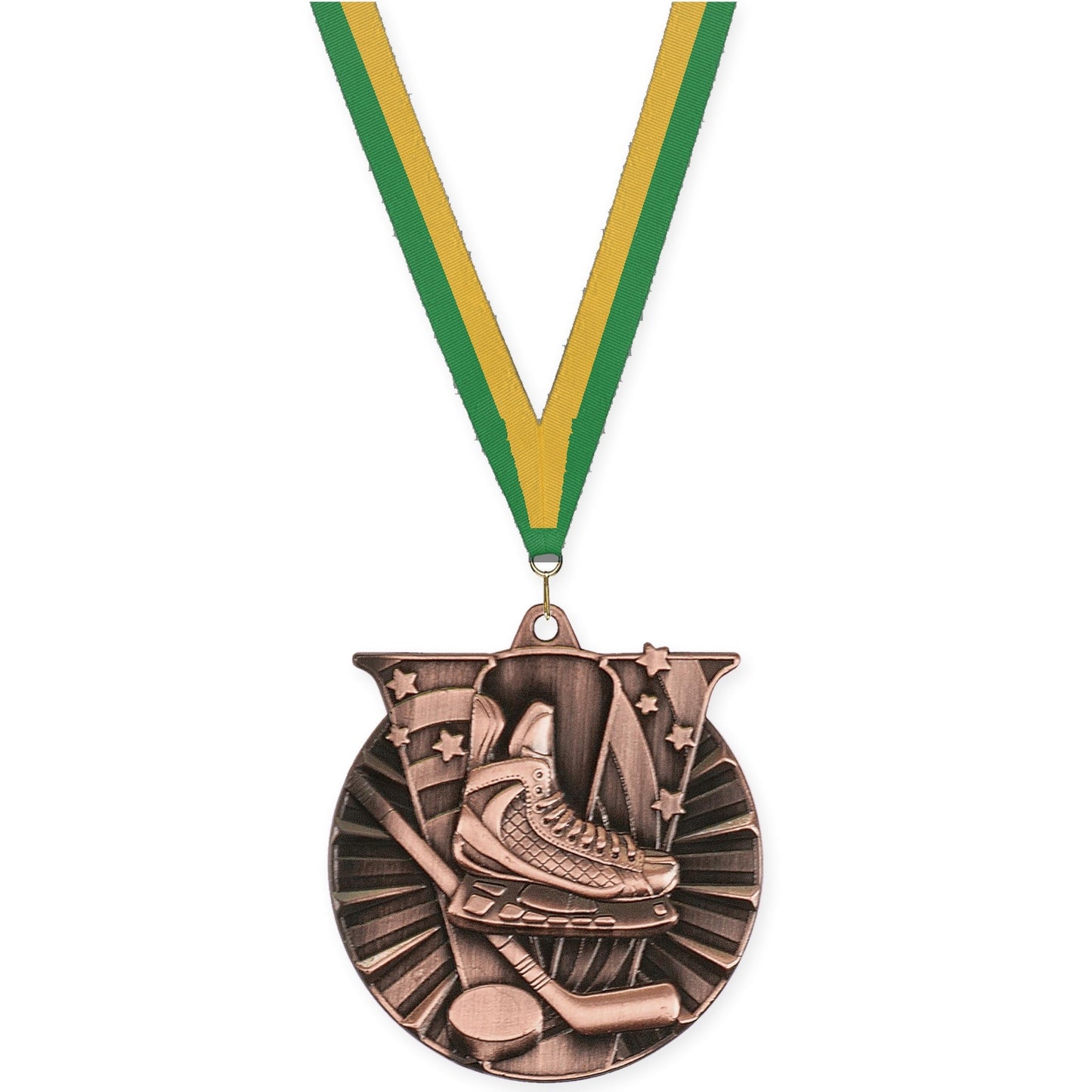 2 inch hockey Victory medal in antique bronze with Green Gold neck ribbon