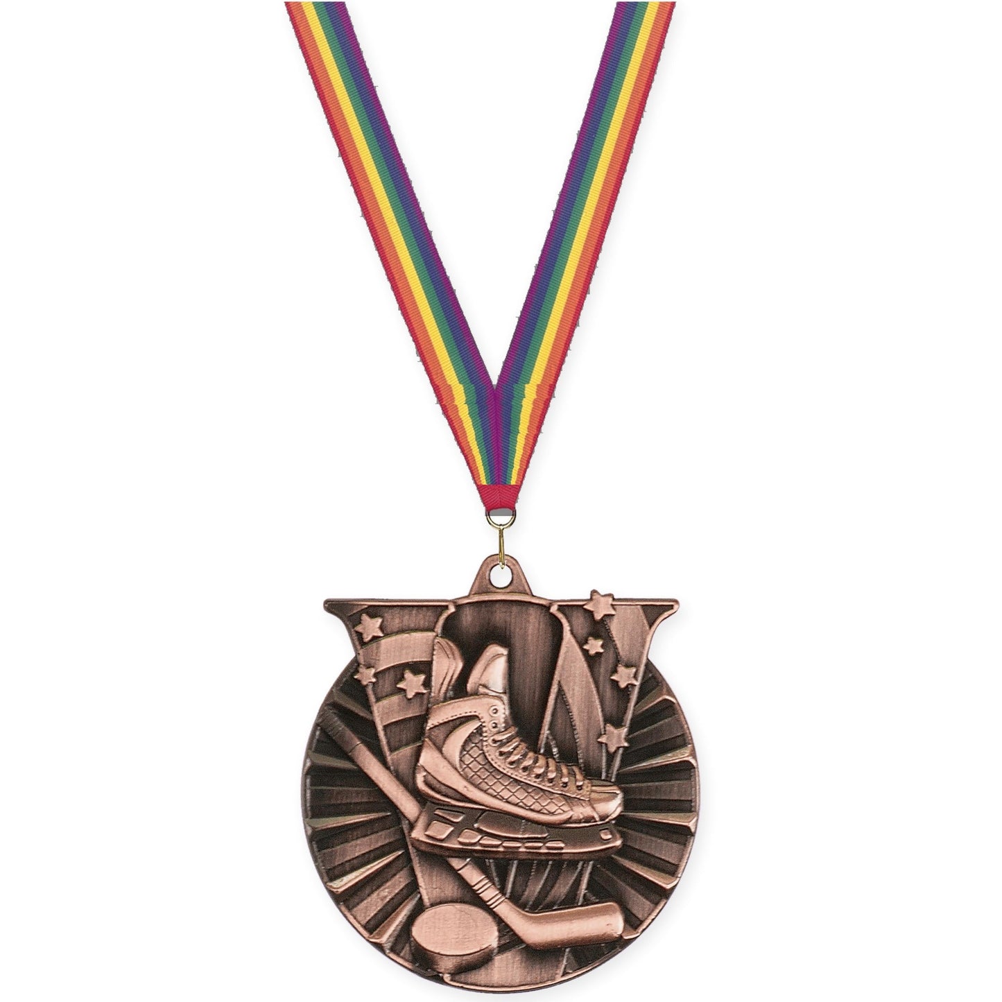 2 inch hockey Victory medal in antique bronze with Rainbow neck ribbon