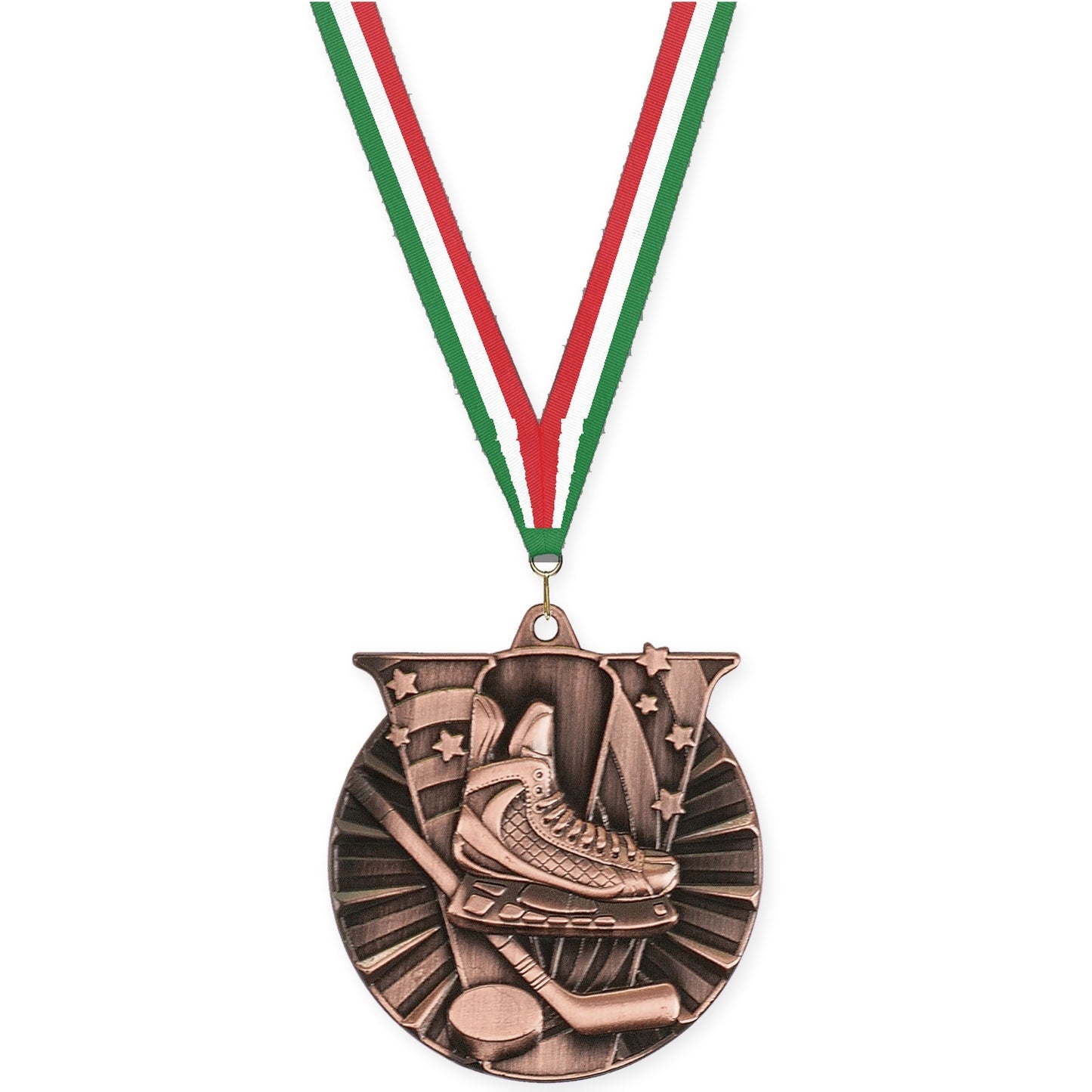 2 inch hockey Victory medal in antique bronze with Green White Red neck ribbon