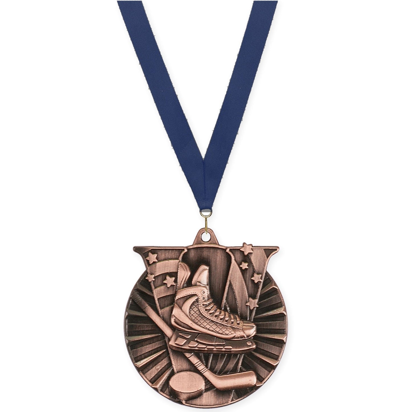 2 inch hockey Victory medal in antique bronze with Navy neck ribbon