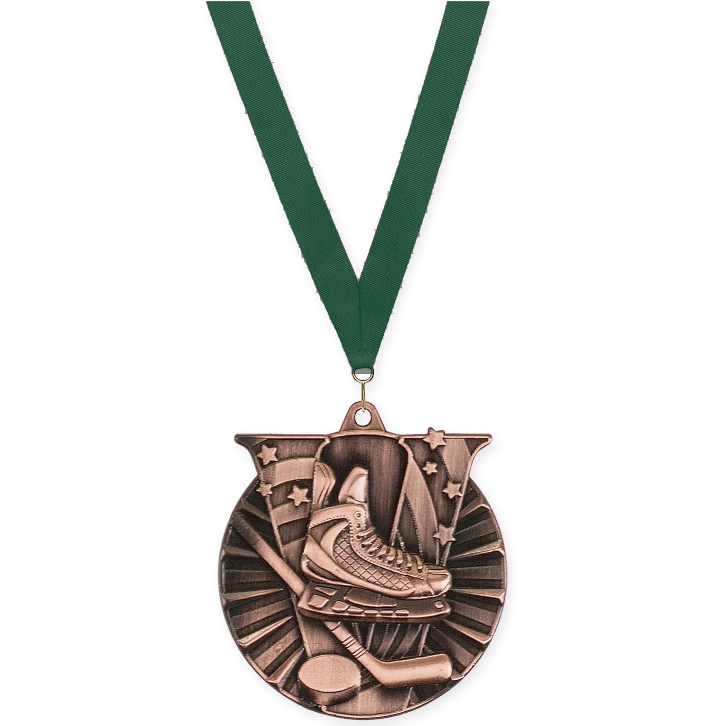 2 inch hockey Victory medal in antique bronze with Hunter Green neck ribbon