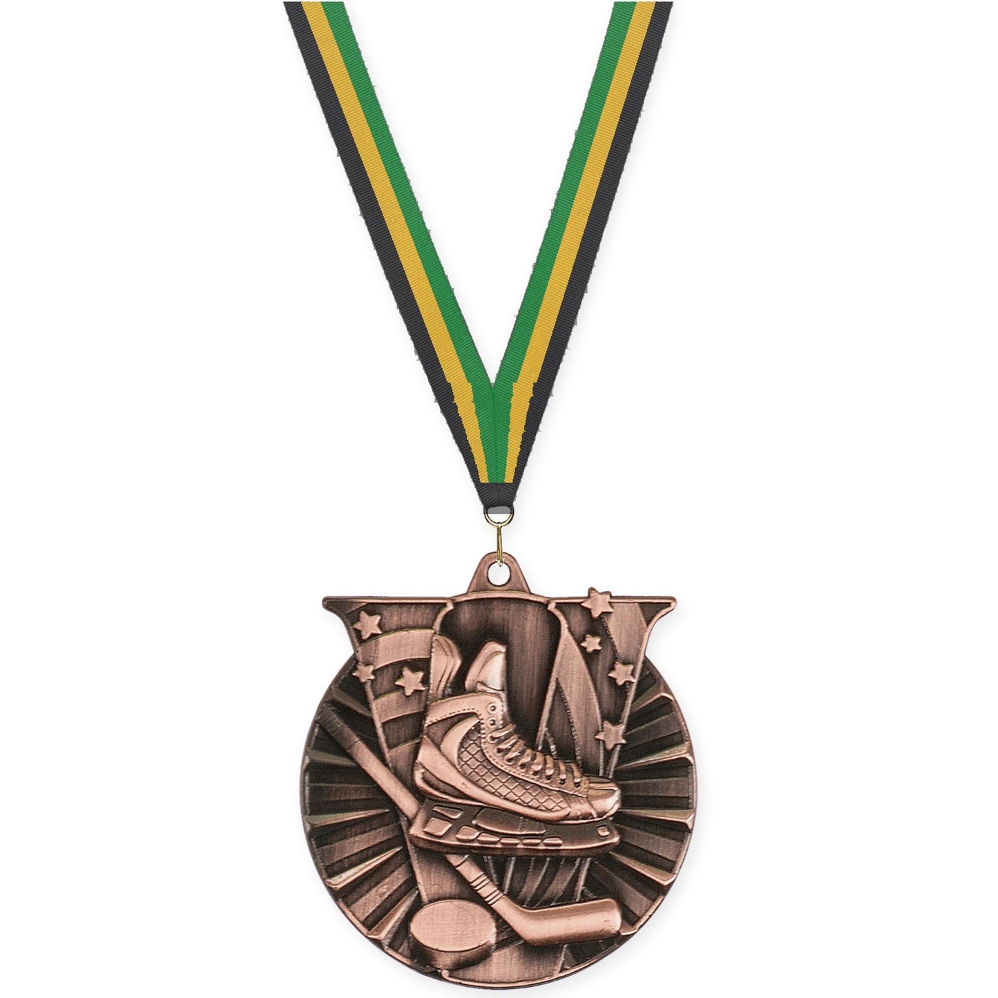 2 inch hockey Victory medal in antique bronze with Black Gold Green neck ribbon