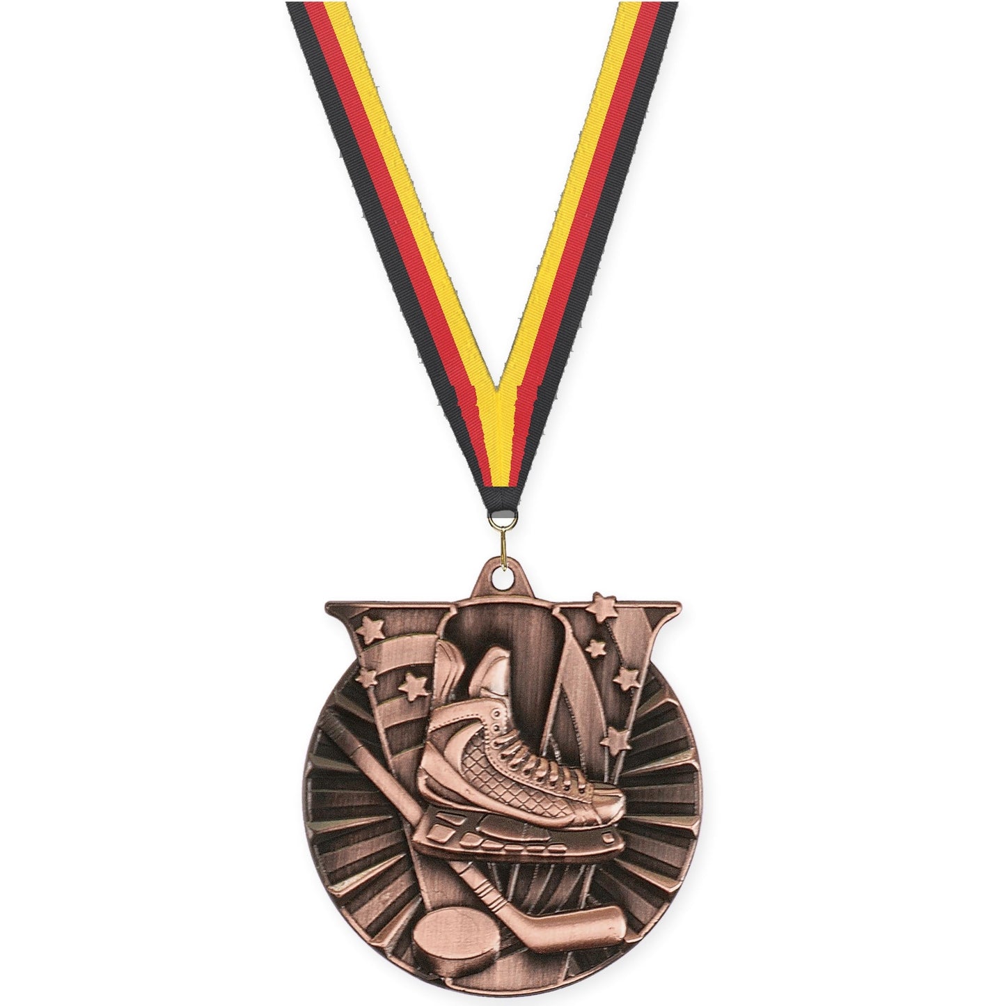 2 inch hockey Victory medal in antique bronze with Black Red Yellow neck ribbon