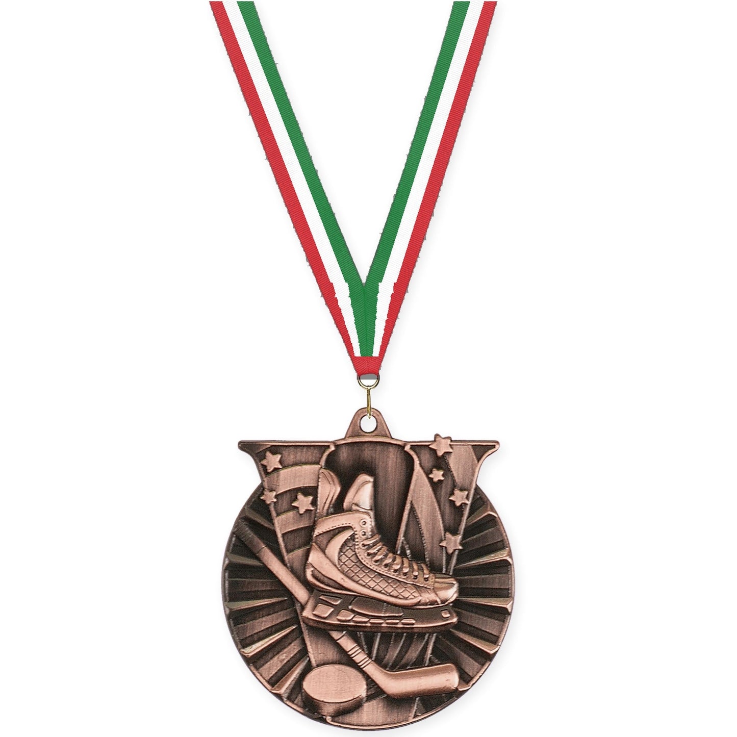 2 inch hockey Victory medal in antique bronze with Red White Green neck ribbon
