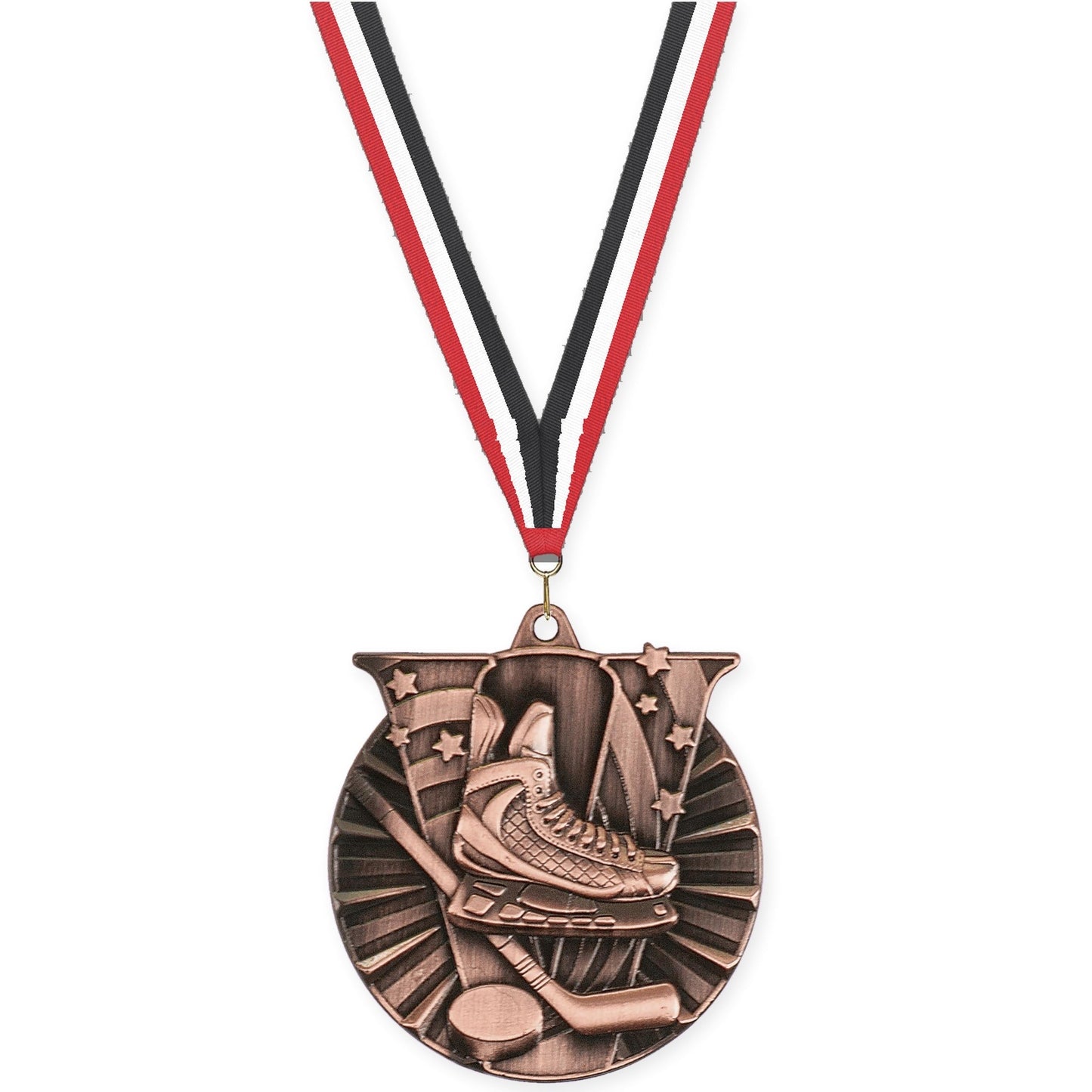 2 inch hockey Victory medal in antique bronze with Red White Black neck ribbon