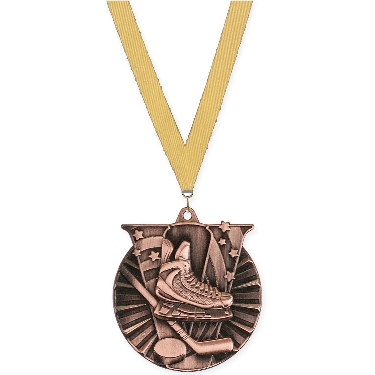 2 inch hockey Victory medal in antique bronze with Gold Metallic neck ribbon
