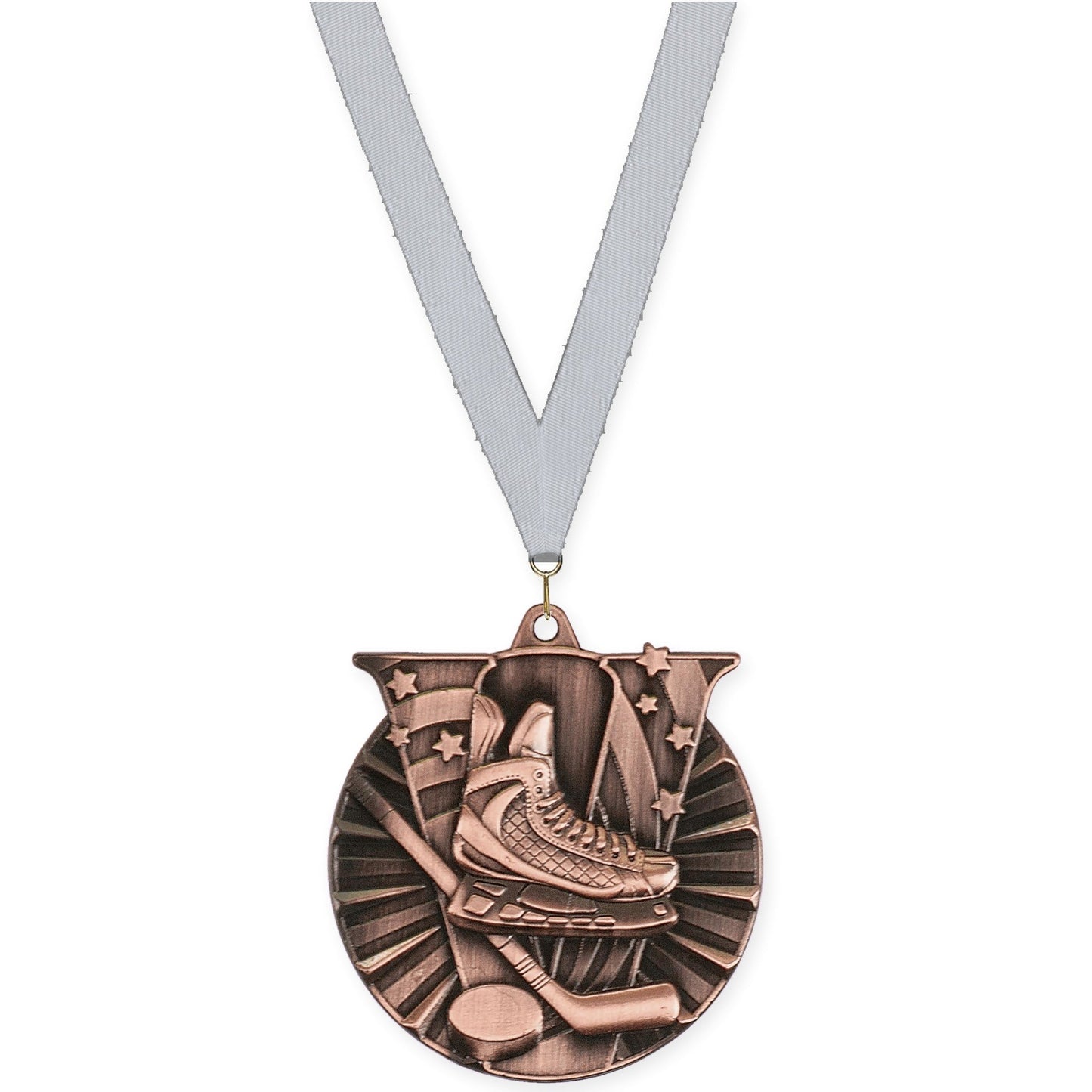 2 inch hockey Victory medal in antique bronze with Silver Metallic neck ribbon