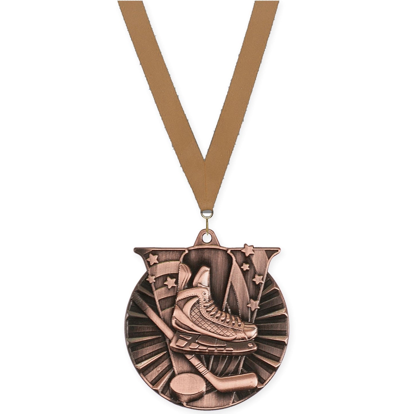 2 inch hockey Victory medal in antique bronze with Bronze Metallic neck ribbon