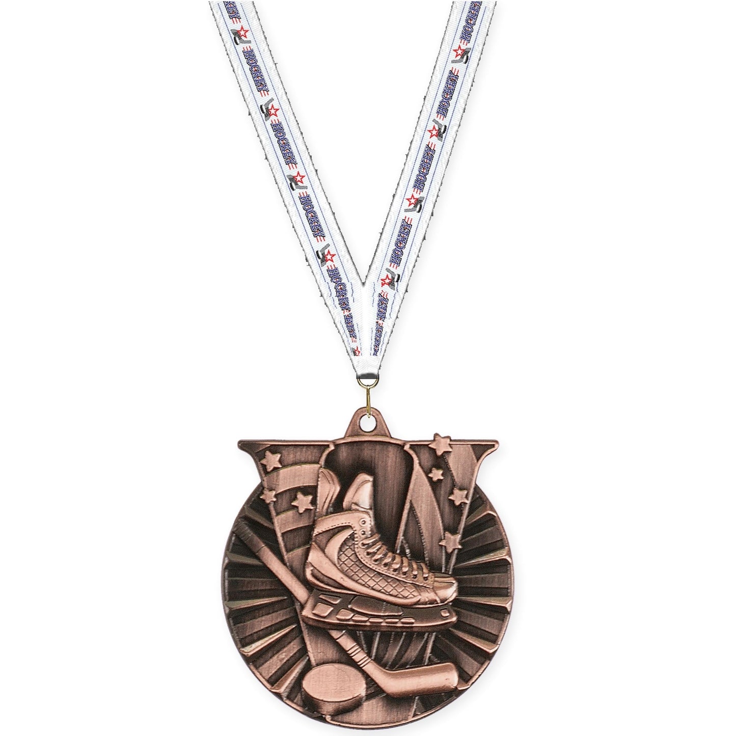 2 inch hockey Victory medal in antique bronze with Hockey neck ribbon