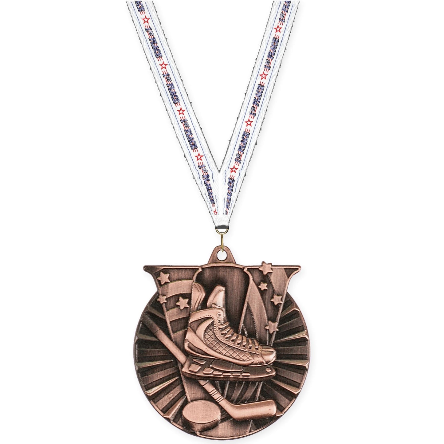 2 inch hockey Victory medal in antique bronze with 1st Place neck ribbon
