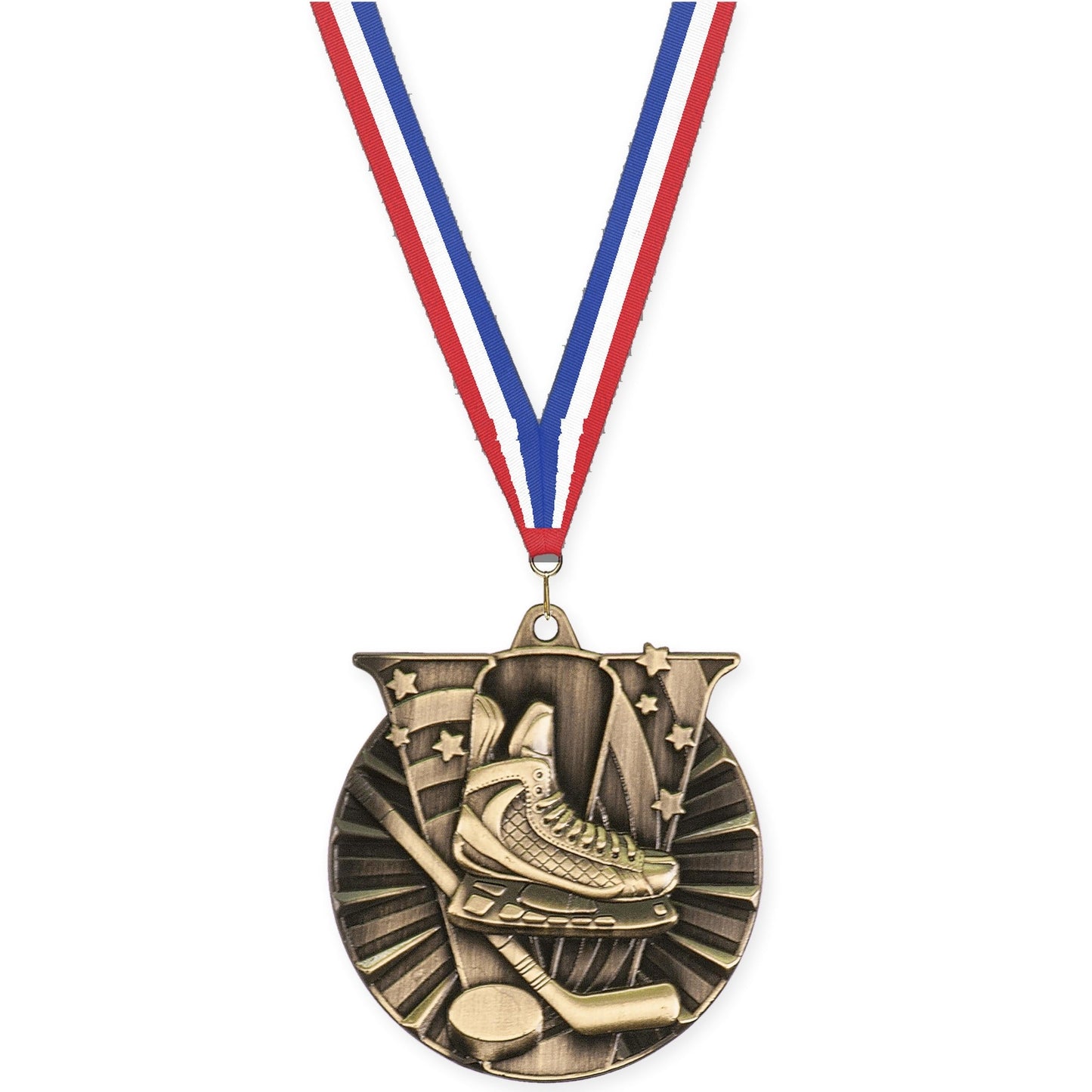 2 inch hockey Victory medal in antique gold with Red White Blue neck ribbon