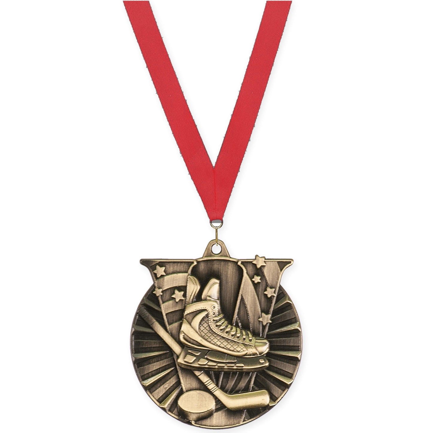 2 inch hockey Victory medal in antique gold with Red neck ribbon