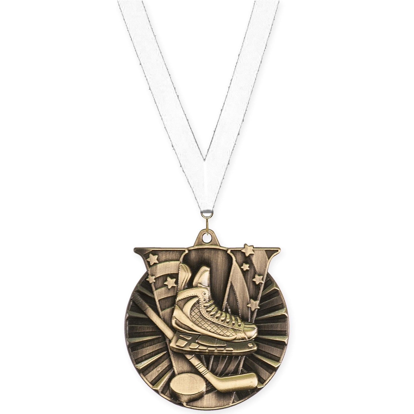2 inch hockey Victory medal in antique gold with White neck ribbon